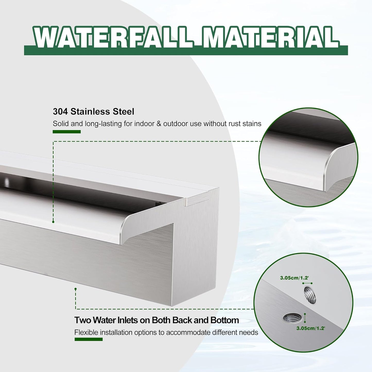 Waterfall Pool Fountain LONGRUNNEW 304 Stainless Steel 23.6" Rectangular Waterfall Spillway, Water Fall Fountain with Pipe Connector for Garden Outdoor, Swimming Pools, Fountains, Pond and Spa