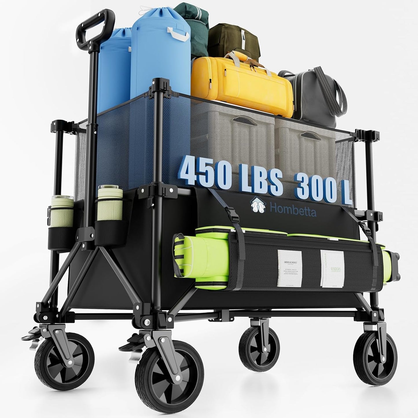 Folding Wagon Cart Foldable with Wheels, Adjustable Double Decker 150L-300L Capacity, All-Terrain Wheels & Brake, 450LBS Heavy Duty Collapsible Wagon for Beach, Camping, Outdoor