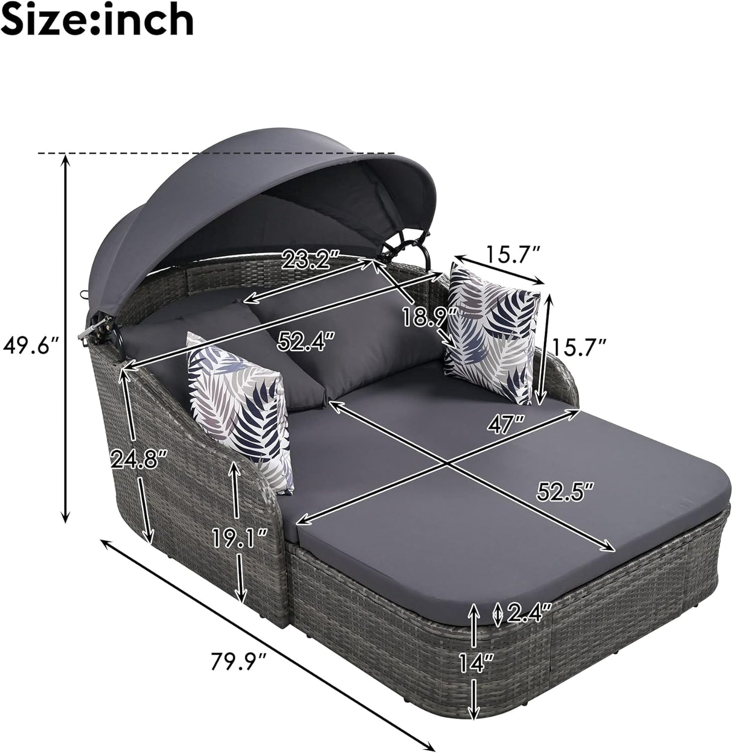 79.9" Outdoor Daybed with Retractable Canopy, PE Rattan Wicker Patio Daybed, 2-Seater Loveseat Lounge Bed Conversation Daybed, Gray Wicker Cushion
