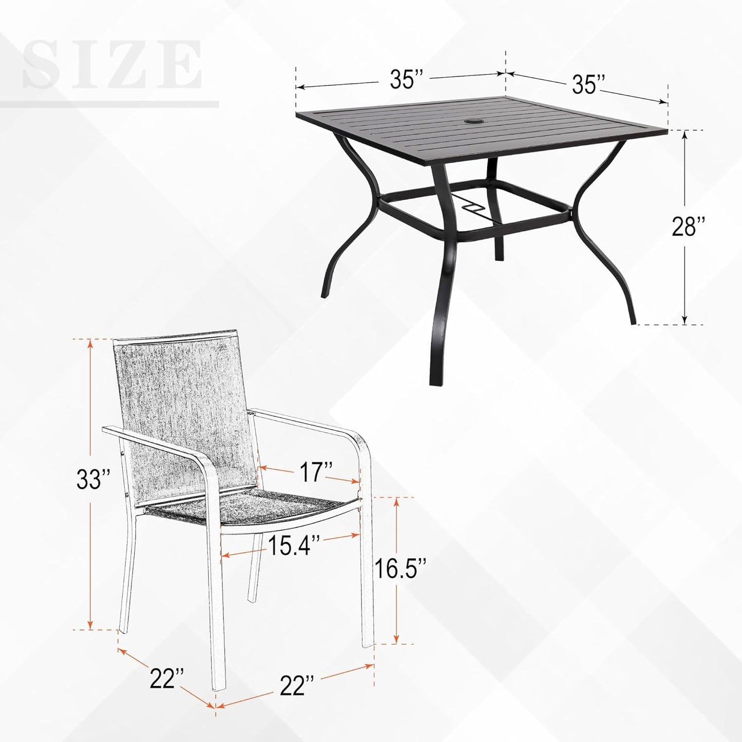 5-Piece Patio Dining Set, 35-Inch Square Outdoor Table with 4 Stackable Mesh Chairs, Black Metal All Weather Frame Set