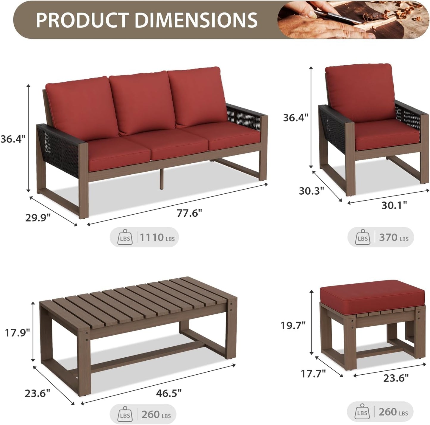 EAGLE PEAK Natural Wood Outdoor Patio Furniture, Cedar Furniture, Conversation Set, Outdoor Seating for Deck Patio Porch, Sofa 2 Chairs 2 Ottomans & Coffee Table, 6 Pieces, Brown/Red