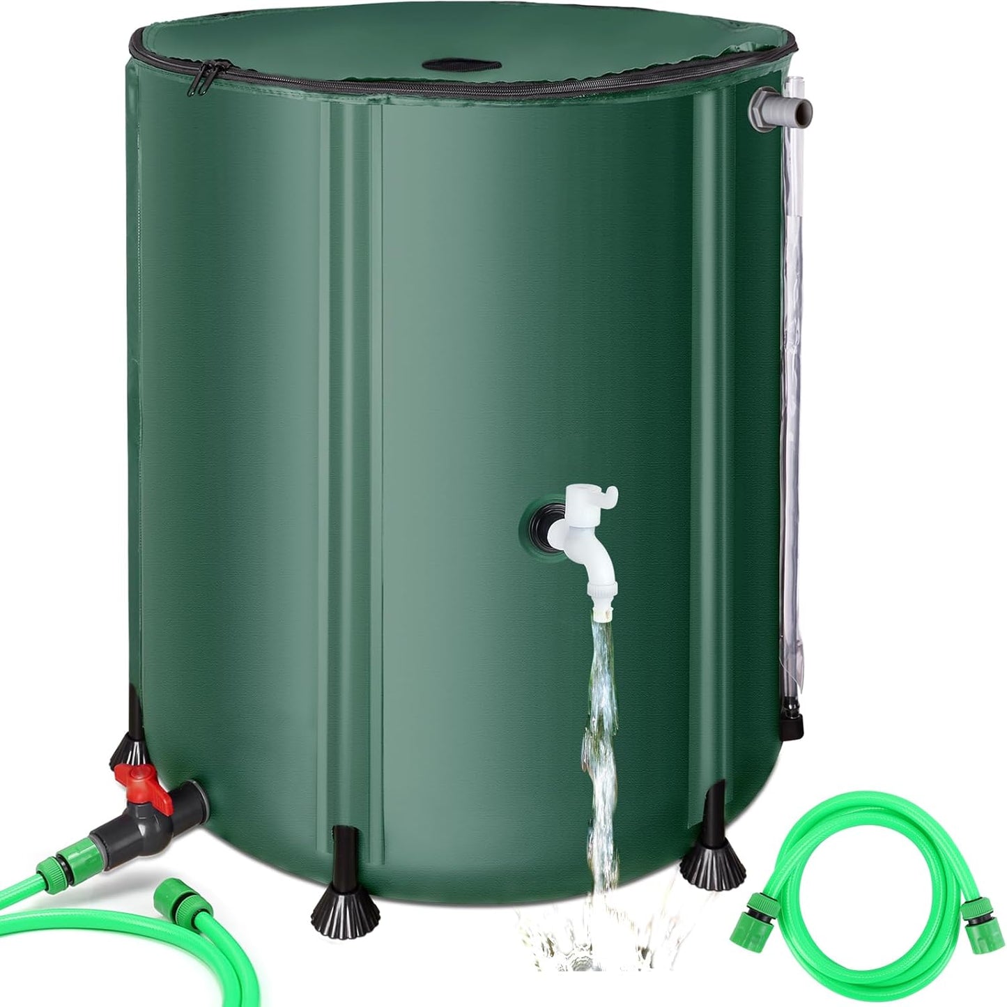 53 Gallon Collapsible Rain Barrel, SKM Portable Rain Water Collection Barrel for Garden/Outside/Lawn, PVC Rainwater Collection System Water Tank Storage Container with Spigots & Overflow Kit, Green