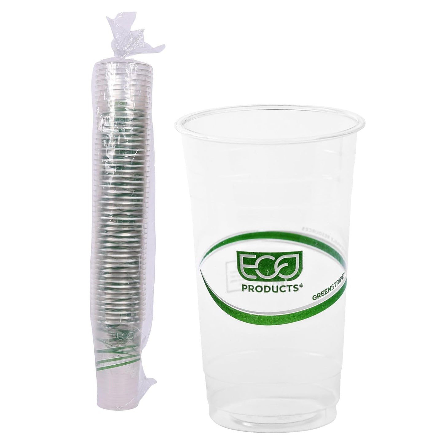 ECO PRODUCTS GreenStripe Clear Compostable 24oz PLA Large Plastic Cups, Pack of 50, Disposable Renewable Plant-Based Cold Cups, For Cold Drinks & Snacks, BPI Certified, ASTM Compliant.