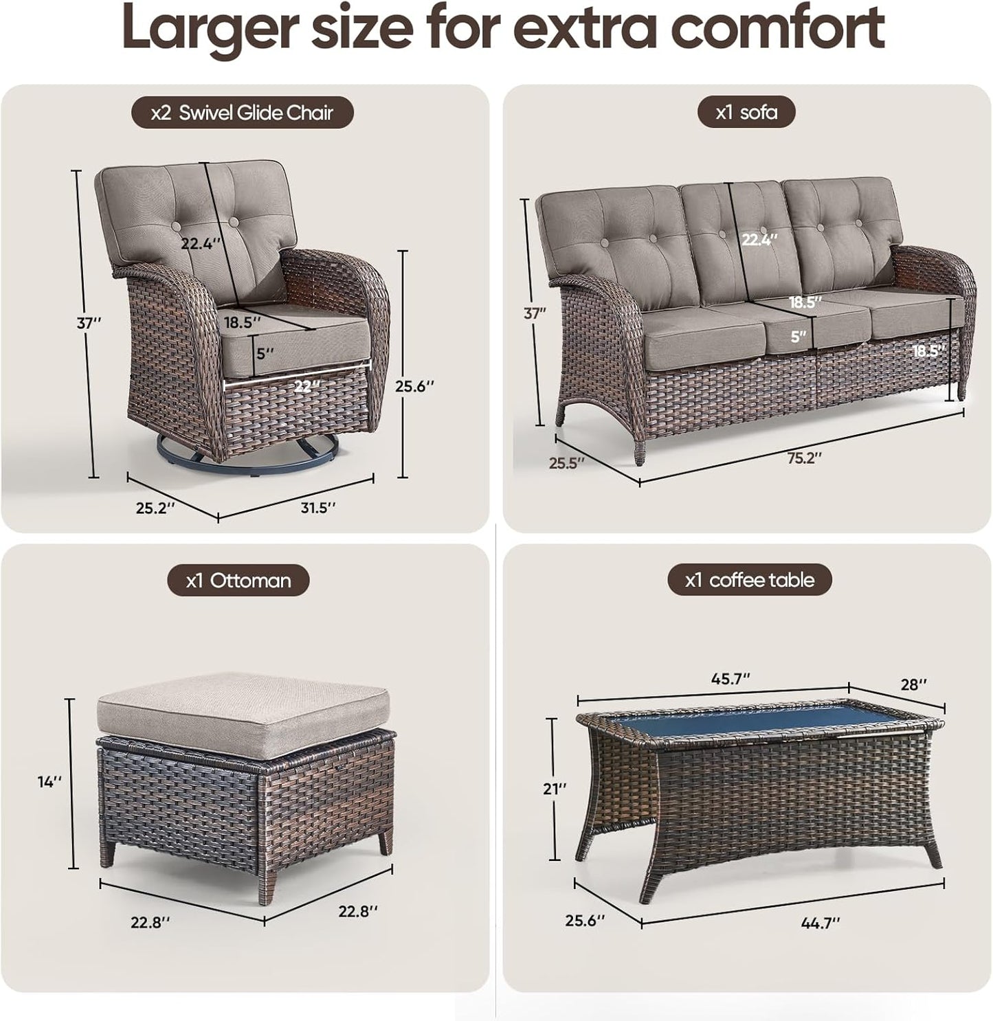 6-Piece Rotating Balcony Chair Set with 31-inch T-Shaped Wide backrest - Rattan Outdoor Rotating Balcony Chairs, Wide backrest Comfortable Outdoor Sliding Chair - Brown | Grey