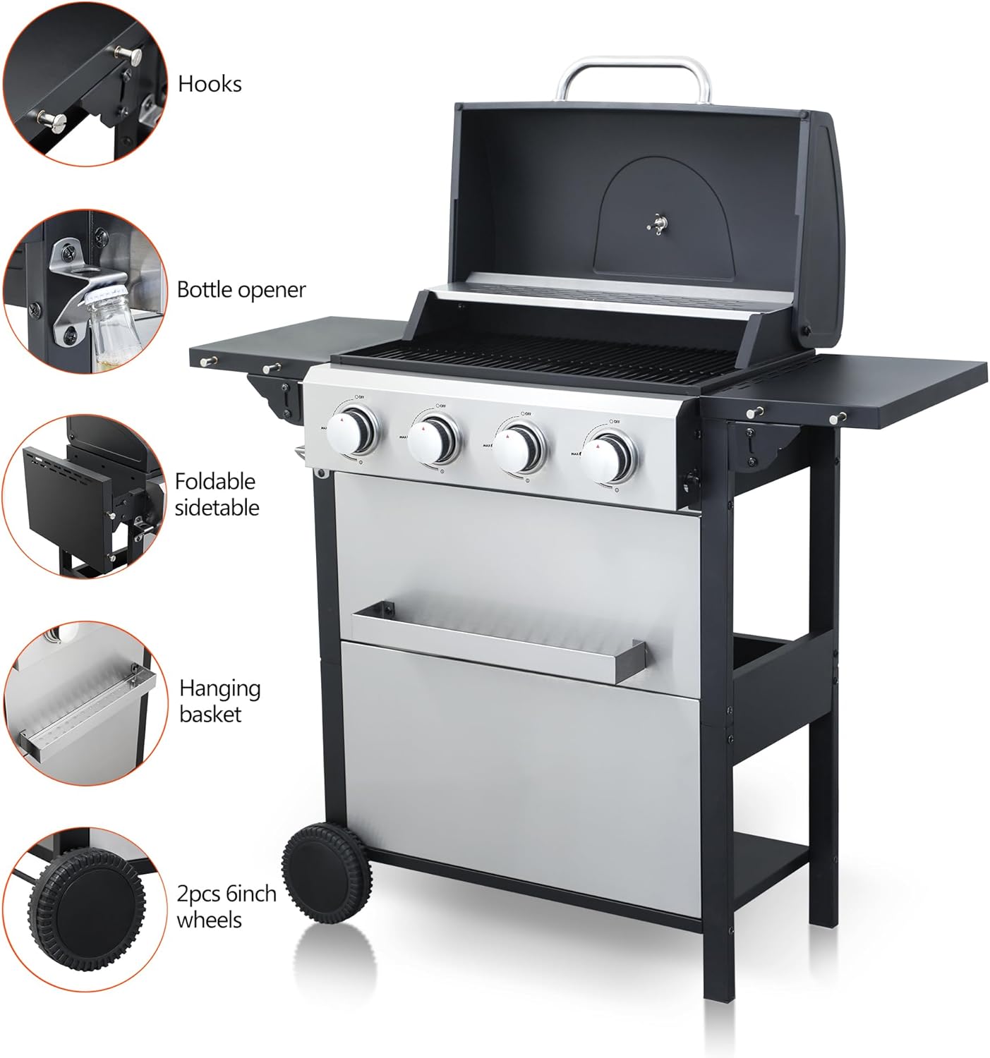 4-Burner Propane Gas Grill, 34,200 BTU Outdoor BBQ Grill with Stainless Steel Warming Rack & Enameled Cooking Grids – Foldable Side Tables, Built-in Thermometer, Hanging Basket – Heavy-Duty 6" Wheels