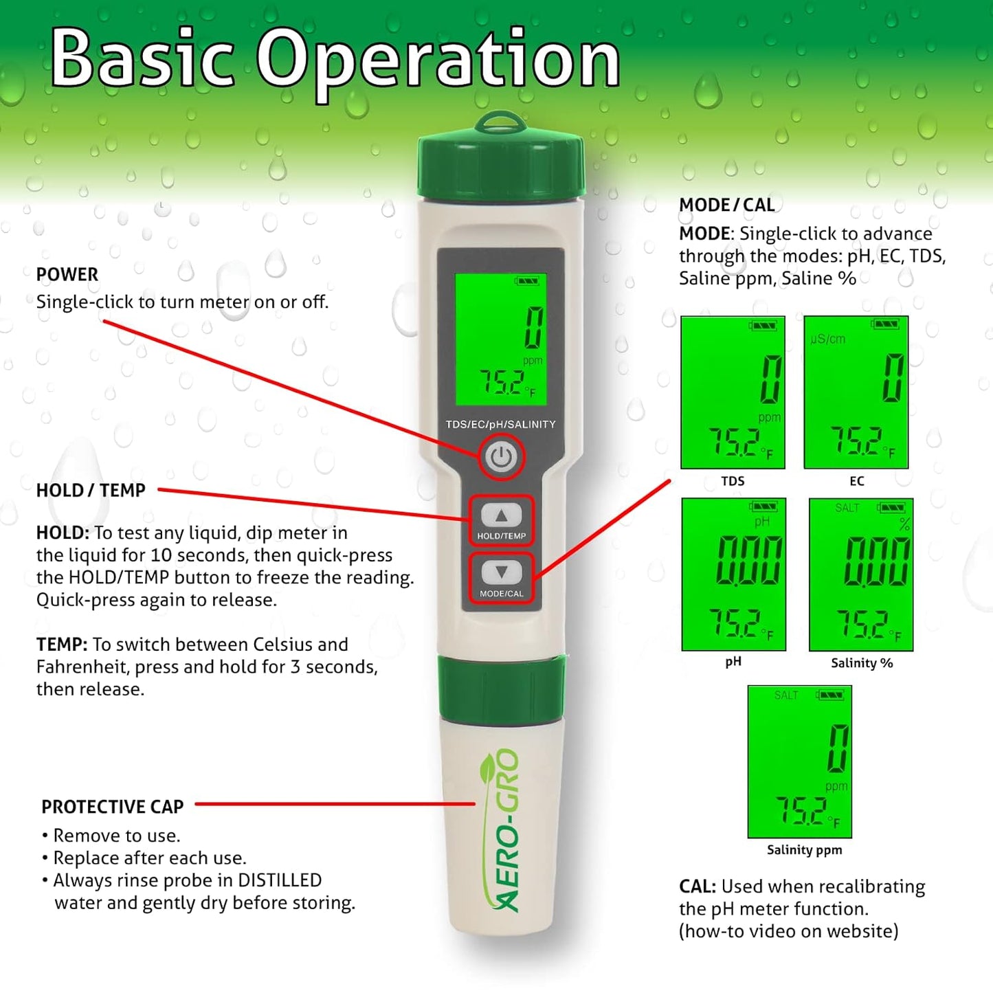 Digital 5-in-1 Meter: 5 Functions: pH, TDS, EC, Salinity%, Salinity ppm, and Temp, IP67 Waterproof, Pen-Type Tester for Hydroponics, Water, Wine, Spas, Aquariums