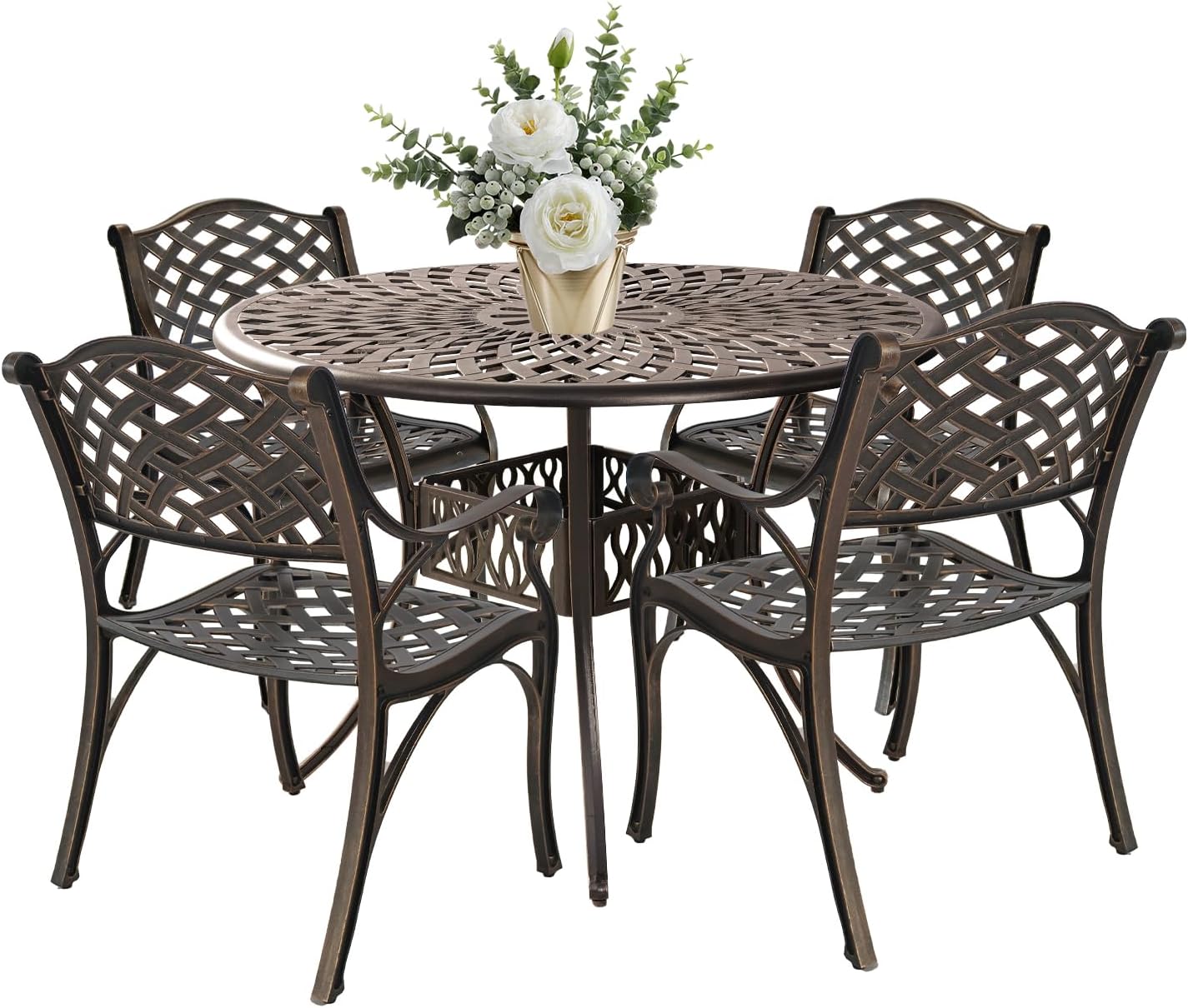 5 Piece Cast Aluminum Outdoor Dining Set, Outdoor Table and Chairs Set of 4, Patio Dining Set with 4 Chairs and 42" Round Table, Patio Conversation Set with 1.97" Umbrella Hole