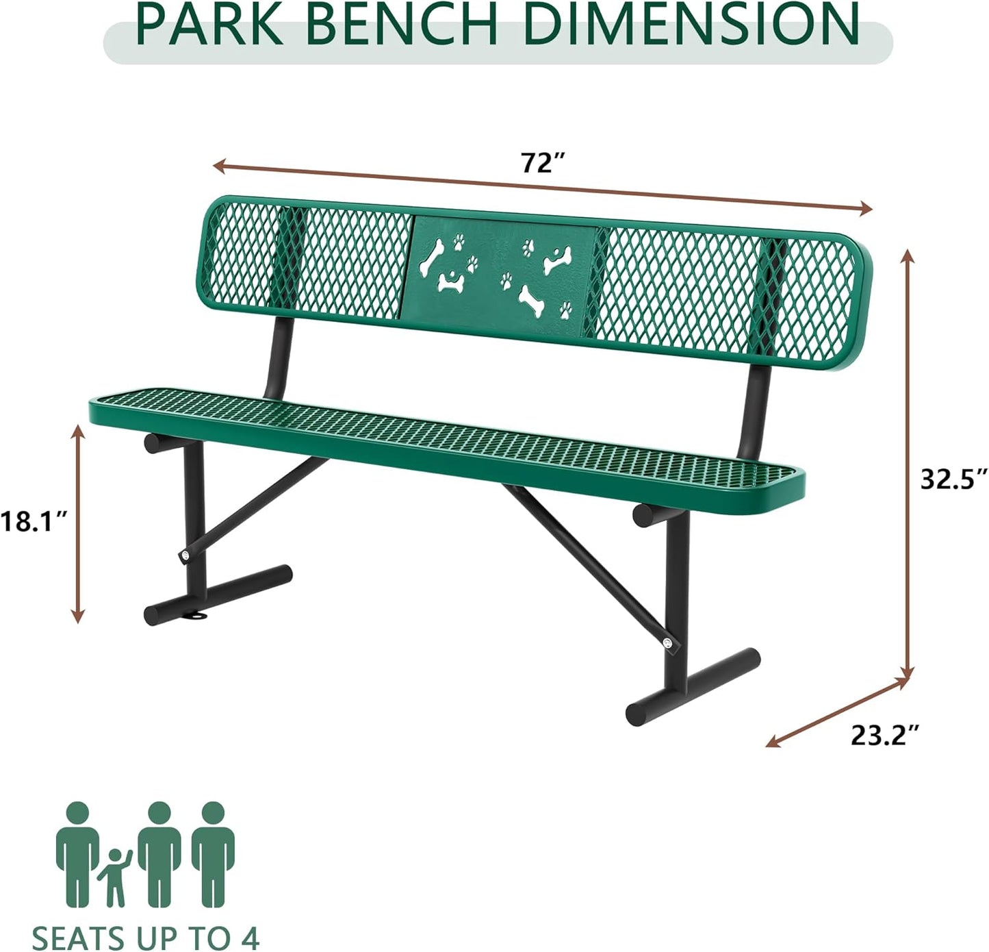 6 Feet Steel Park Bench for Outside, Outdoor Bench with Backrest & Portable Frame, Commercial Benches for Parks, School, Patio, Deck, Store,Green