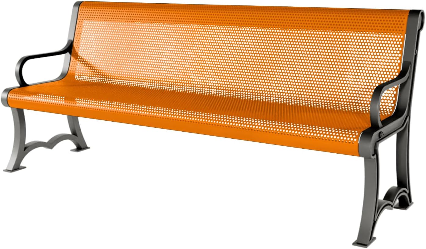 Heavy-Duty Outdoor Bench Thermoplastic Coated, Punched Steel, Commercial-Grade Garden Bench, Made in America (Portable with Back, 6 Ft, Textured Orange)