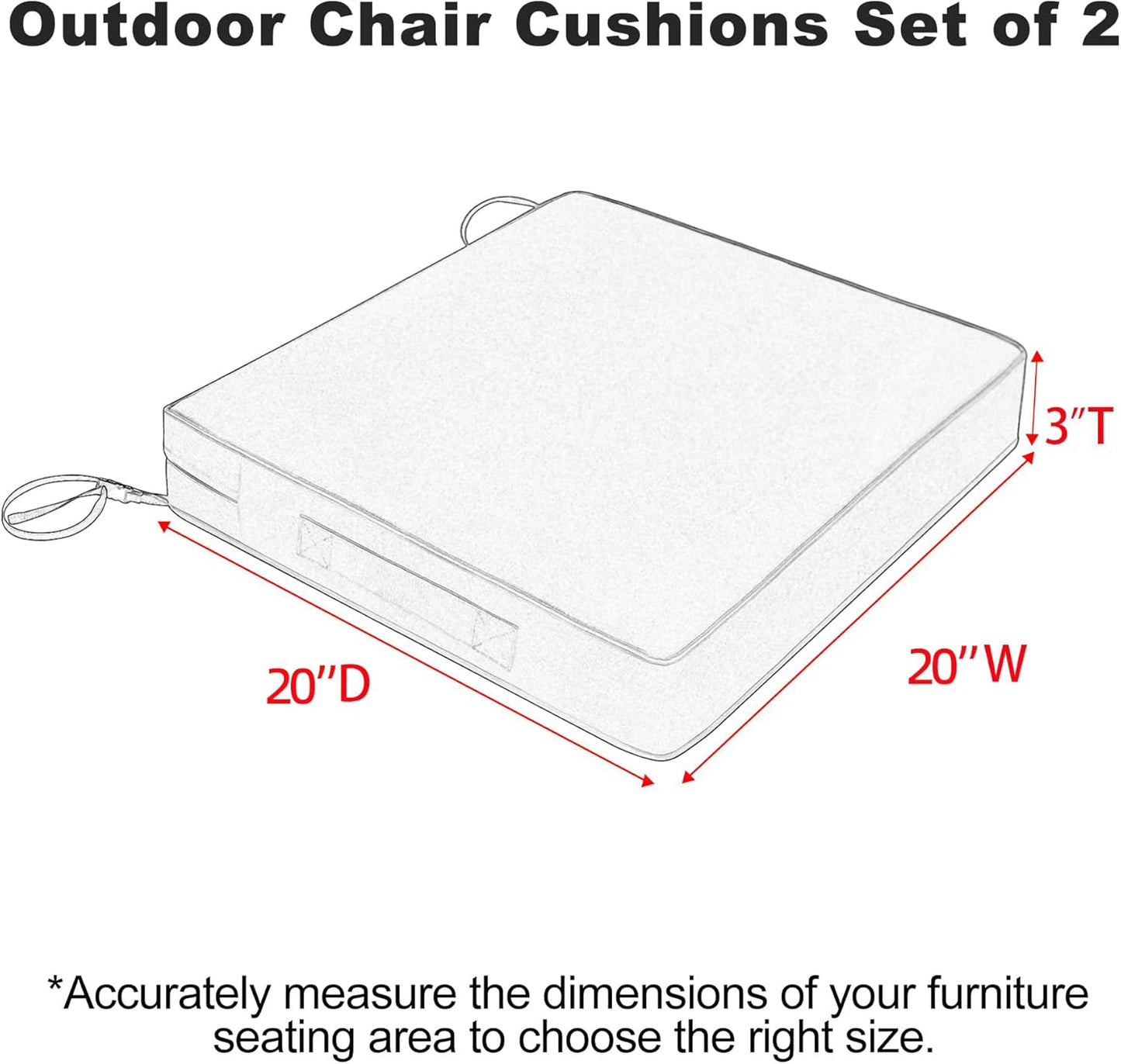 Favoyard Patio Chair Cushions 20 x 20 x 3 Inch Waterproof Outdoor Seat Cushions for Patio Furniture 3-Year Color Fastness Garden Sofa Couch Pads with Handle & Adjustable Straps Set of 2, Dark Grey