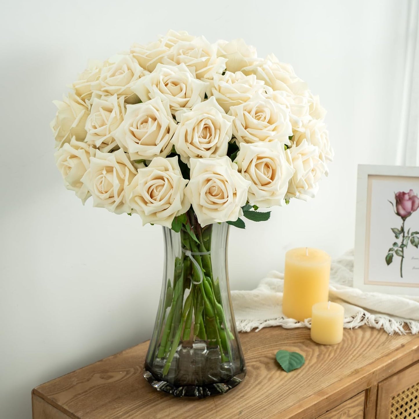 Fake Roses Faux Flowers 24PCS Silk Roses Artificial Roses with Stems Realistic Artificial Flowers Suitable for Indoor Home Decoration DIY Bouquet Wedding Decor Party Decor 16.5In (White)
