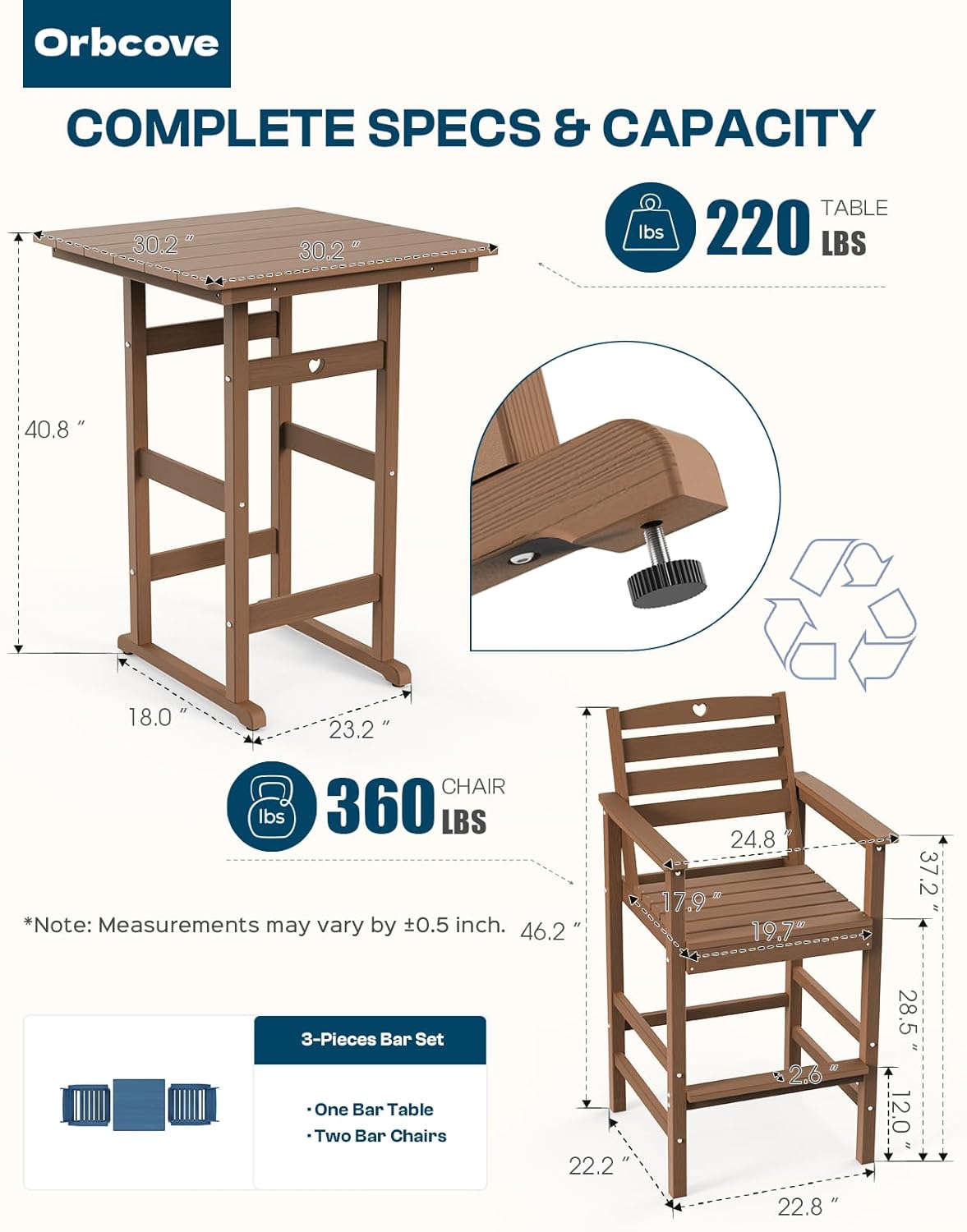 3-Piece Bar Height Patio Table and Chairs Set, HDPE Wood Grain Outdoor Bar Table and Chairs with Heart Cutout Design, Weather-Resistant Bar Height Furniture for Deck, Porch, Pool (Teak)