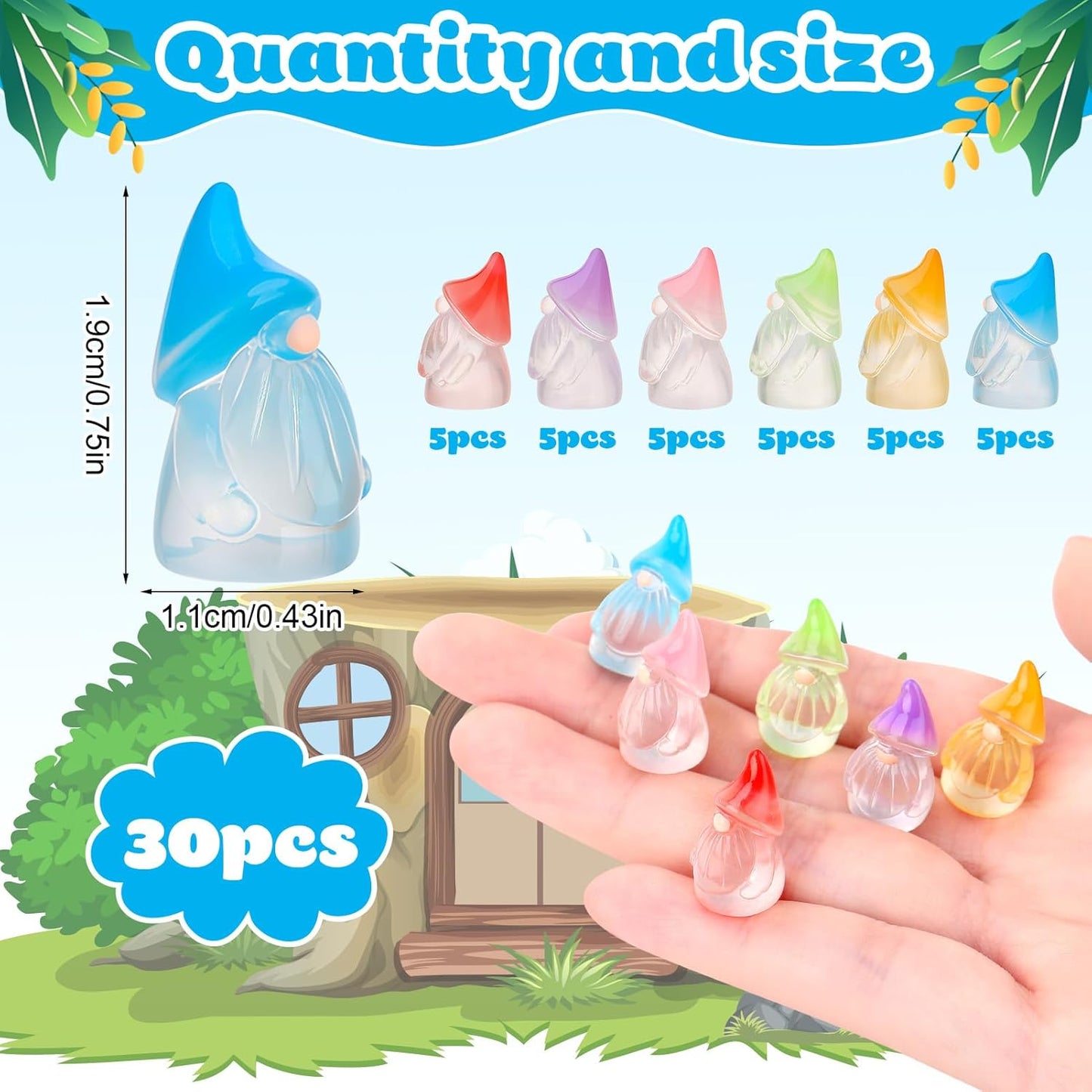 30 Pcs Luminous Mini Resin Gnomes, Tiny Gnomes Fairy Garden Statues Glow in The Dark Miniature Gnome Figurines Decor for Landscape, Outdoor, Patio, Yard, Lawn (6 Colors)