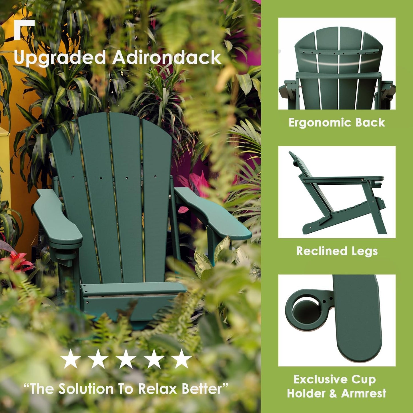 GREENVINES Folding-Adirondack-Chairs-Set-of-4 | HDPE Plastic | Fire Pit Chair | All Weather | Cup Holder | Forest | for Deck Backyard Patio Outdoor Garden