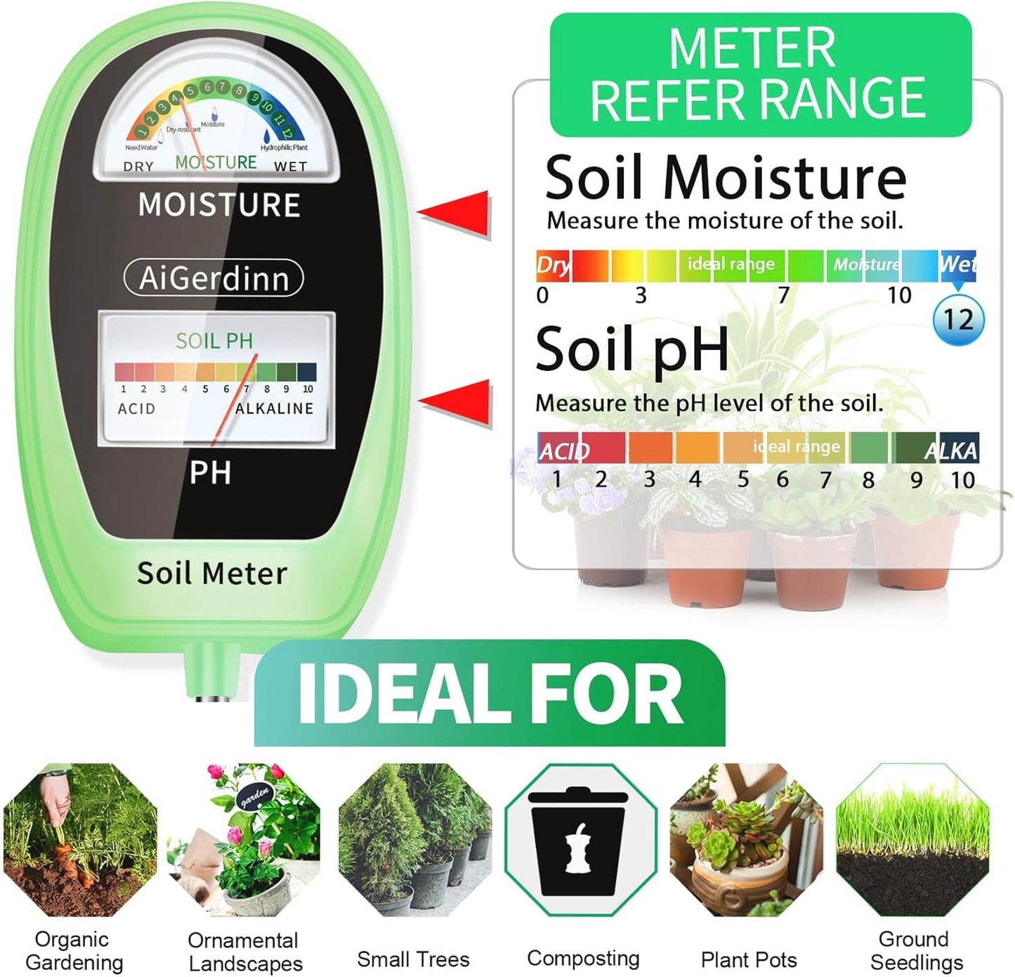 2-in-1 Soil Test Kit, Soil Moisture Meter, Soil pH Tester-Dual Dial-Simultaneously-Display Results-Soil pH Meter, Moisture Meter for House Plants,Lawn,Garden,Farm Indoor&Outdoor-BabyGreen