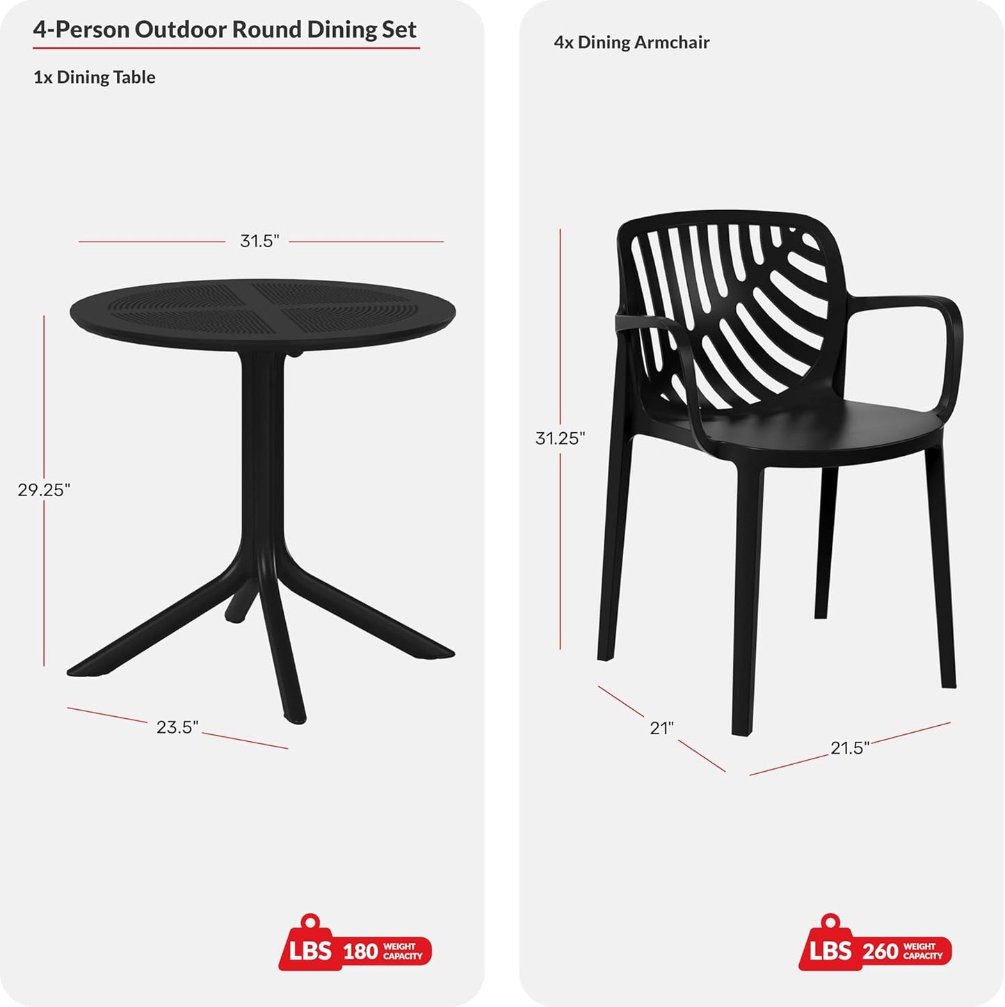 4 Person Dining Table Set, HDPE Patio Round Dining Table and Stackable Chair, Kitchen & Dining Room Sets All Weather for Backyard Porch Poolside, Red