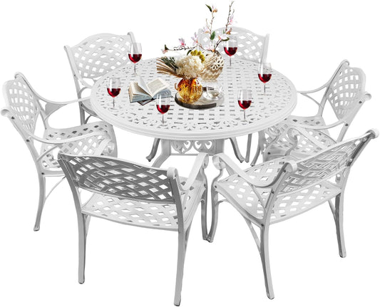 7 Pieces Cast Aluminum Outdoor Dining Set, Round 48" Dining Table with 2.36" Umbrella Hole and 6 Armchairs,All-Weather Patio Bistro Dining Set Outdoor Furniture Set for Patio, Balcony,White