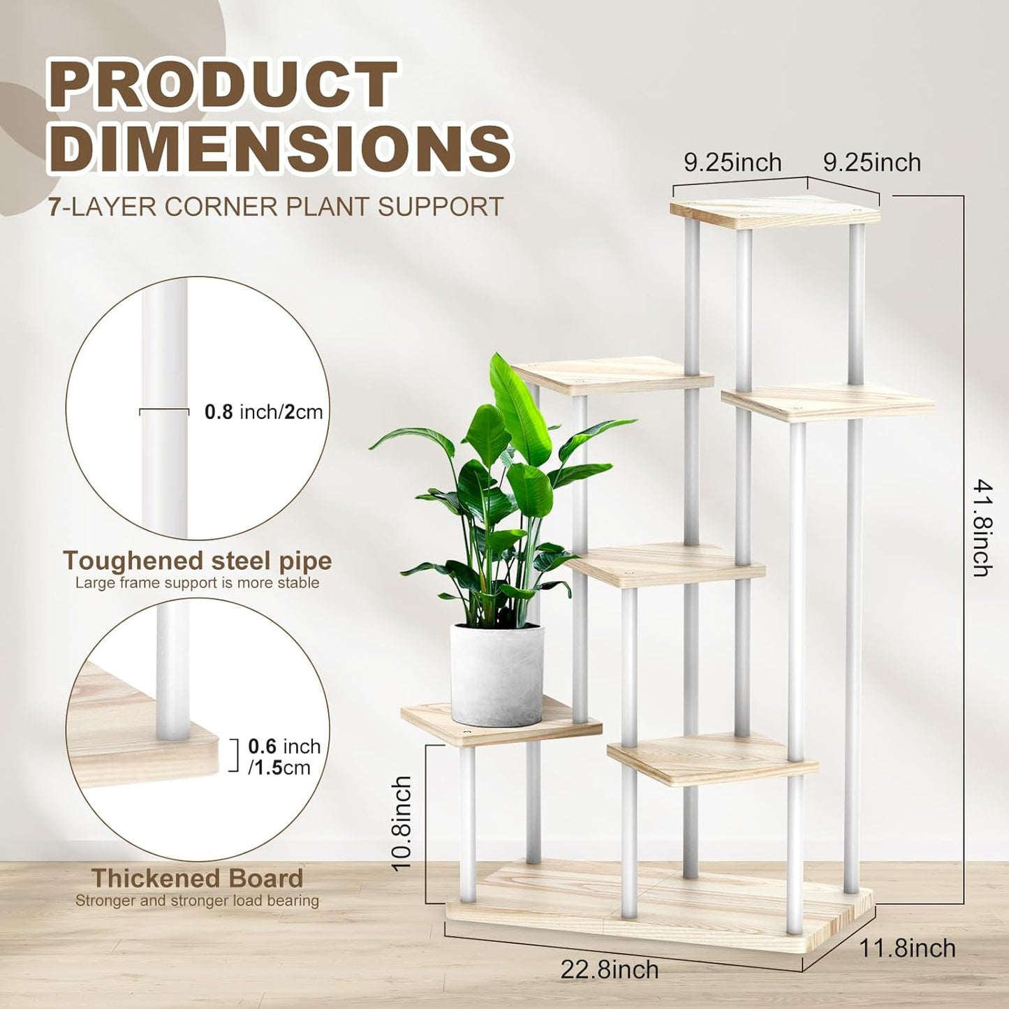 7 Tier Wood Tall Plant Stand Metal Rack Indoor, Multiple Flower Pot Holder Shelves Corner Rack, Planter Shelf Display Rack Storage Organizer for Patio Living Room Balcony Garden(White Oak)