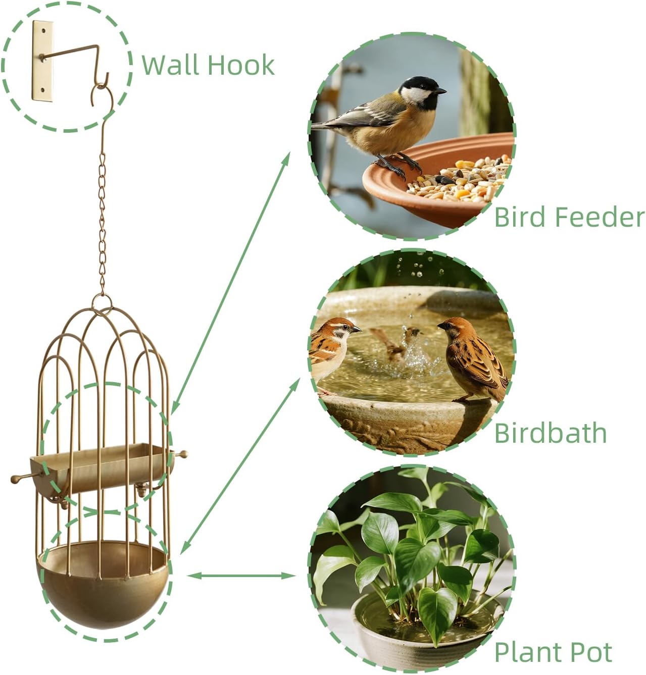Haing Bird Feeder for Wild Birds, Metal Birdbath for Outdoods Garden Outside (Golden)