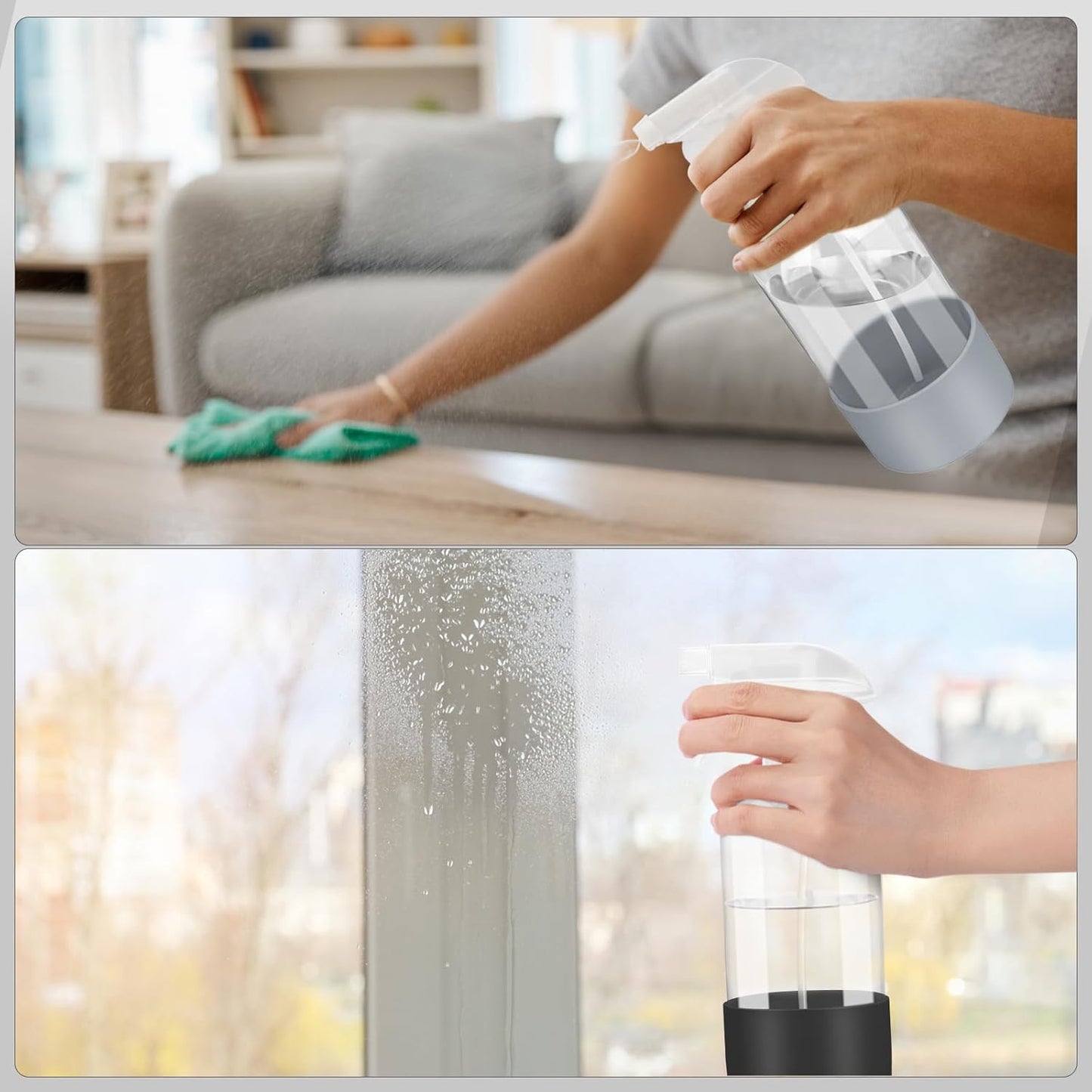 2 Pack Glass Spray Bottles with Silicone Sleeve, 16 oz Empty Refillable Containers with Adjustable Spray Nozzles, Spray Bottles for Hair, Cleaning Solutions and Plants Black&Grey