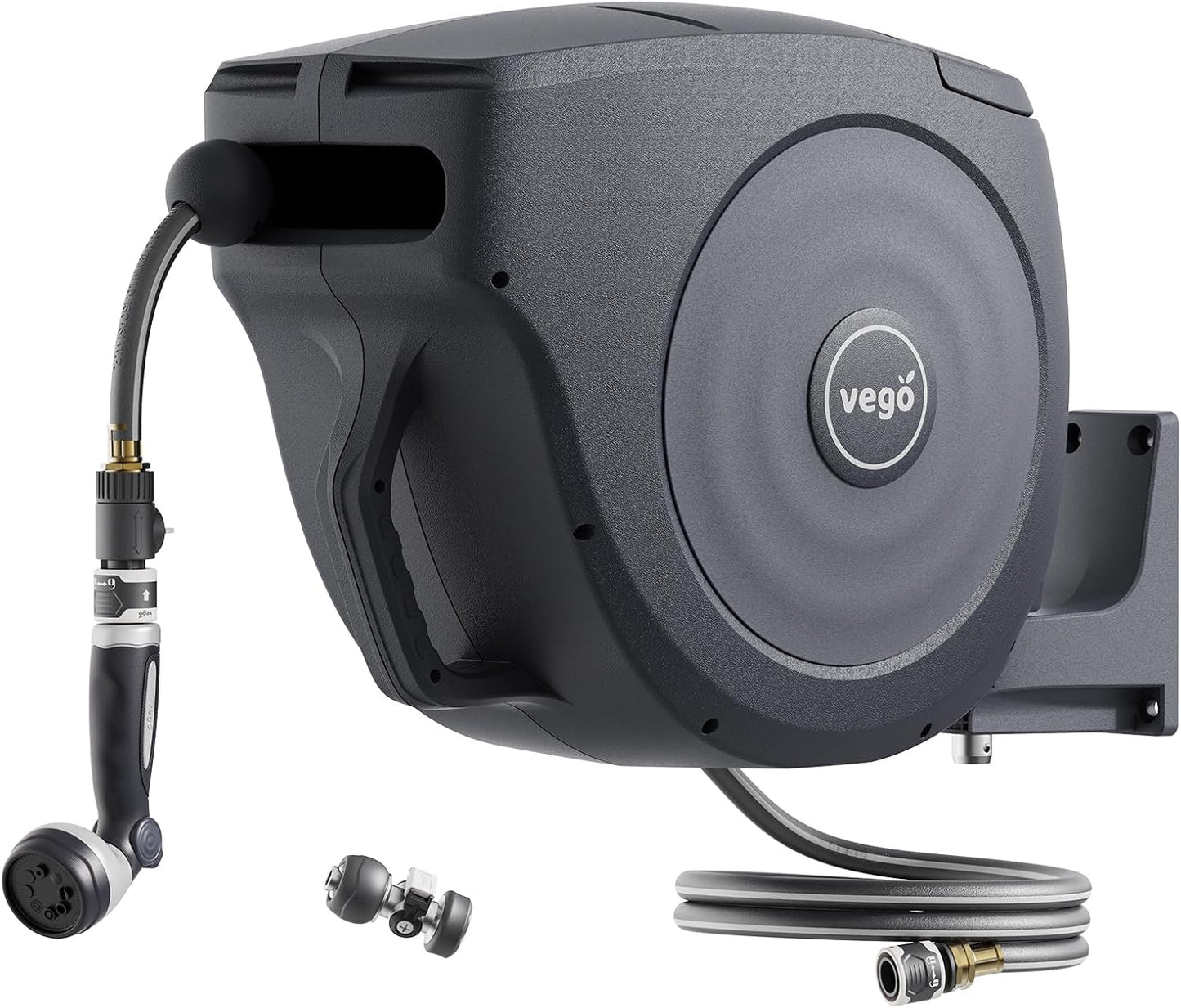 Garden Hose Reel Retractable 5/8" x 50ft Wall Mounted Hose Reel Automatic Rewind, Any Length Lock with 9 Patterns Sprayer Nozzle, Quick Connector and Adjustable shot Nozzle- Tidepool Blue