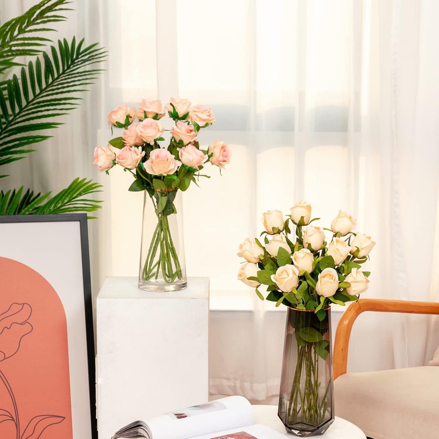 Hawesome 12PCS Artificial Silk Flowers Realistic Roses Bouquet Long Stem for Home Wedding Decoration Party (Gradient Light Pink)