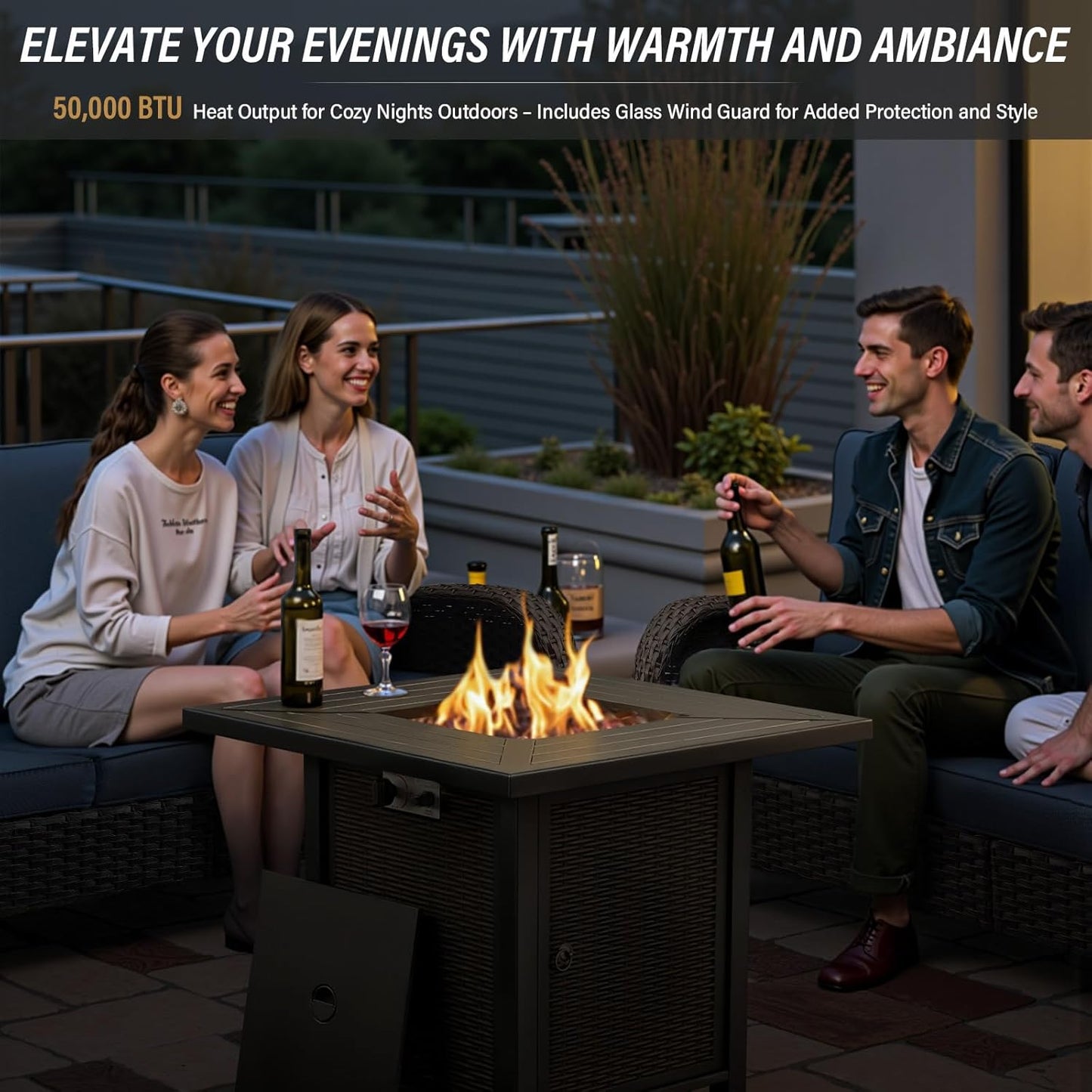 5 Piece Outdoor Patio Furniture Set with 50000 BTU Propane Fire Pit Table, Deep Seating Wicker Swivel Rocker Chairs and Loveseat Glider Patio Conversation Set for Poolside Deck Backyard Black