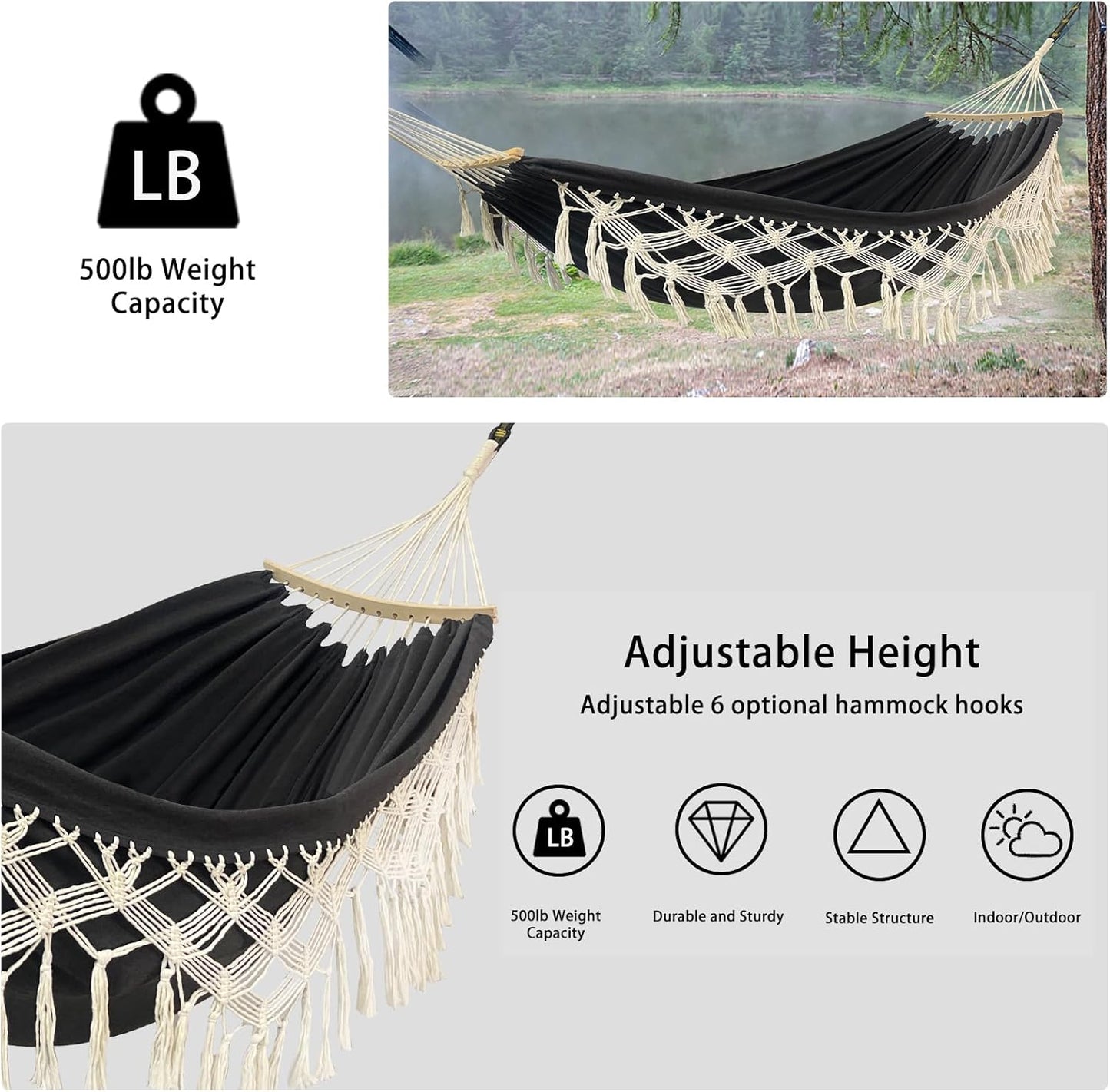 Hammock Hanging Swing Double Max 500lbs Macrame for Indoor Outdoor Patio Yard Garden (Black Gray)