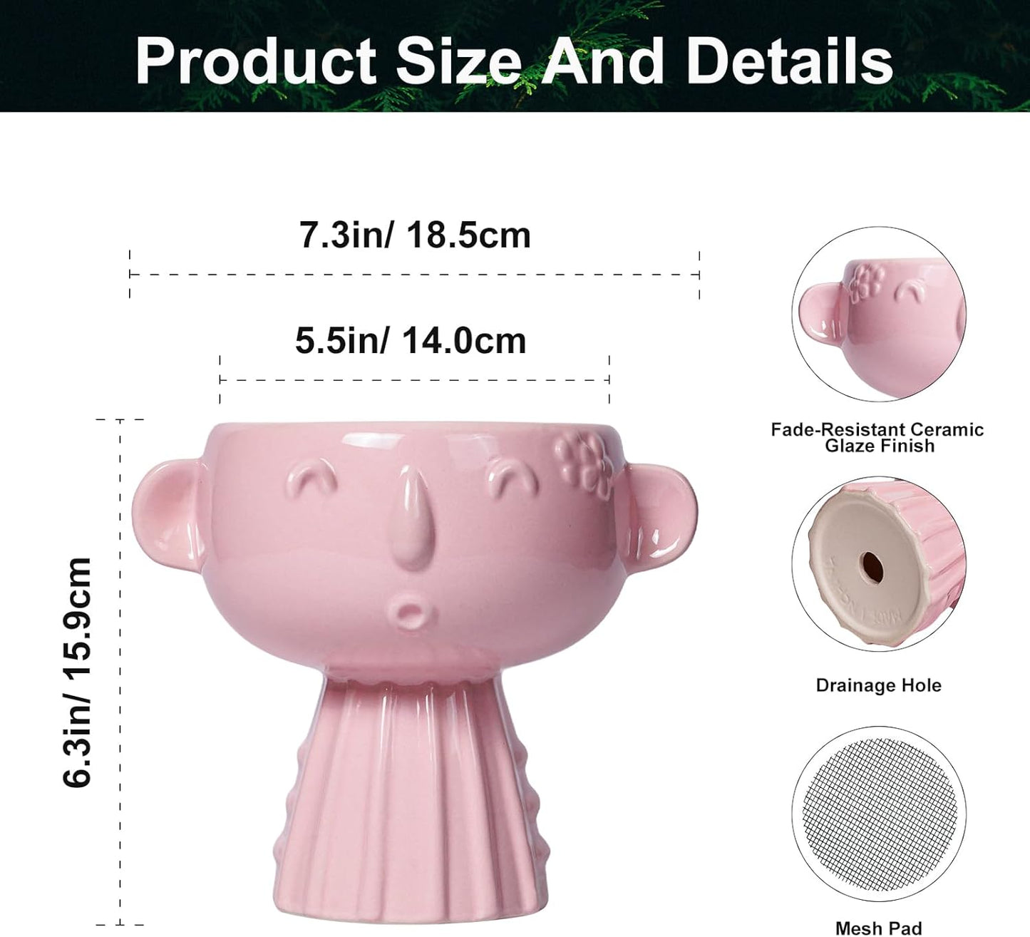 Face Pots for Plants - 7 Inch Ceramic Face Planters Pots Head for Indoor Outdoor, Small Funny Succulent Planters with Drainage Hole, House Room Apartment Decor, Gifts for Women, Bright Pink