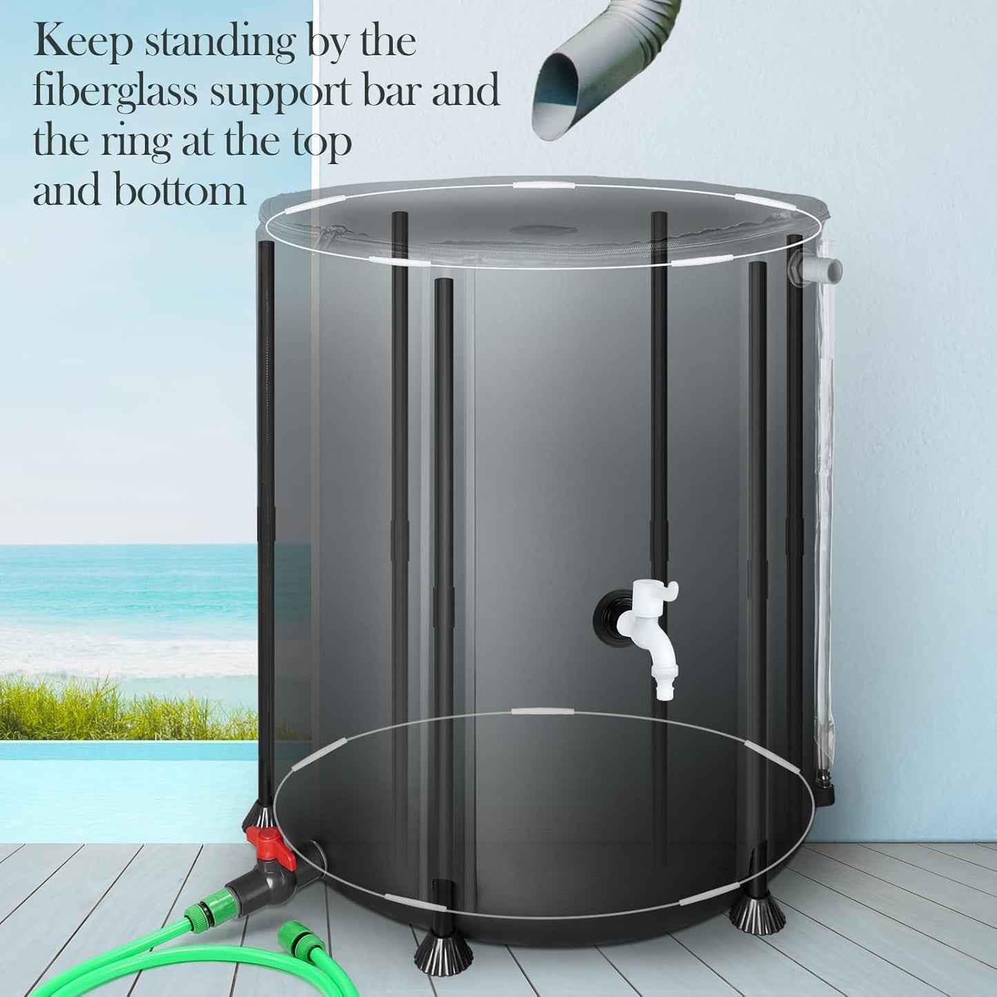 53 Gallon Collapsible Rain Barrel, SKM Portable Rain Water Collection Barrel for Garden/Outside/Lawn, PVC Rainwater Collection System Water Tank Storage Container with Spigots & Overflow Kit, Black