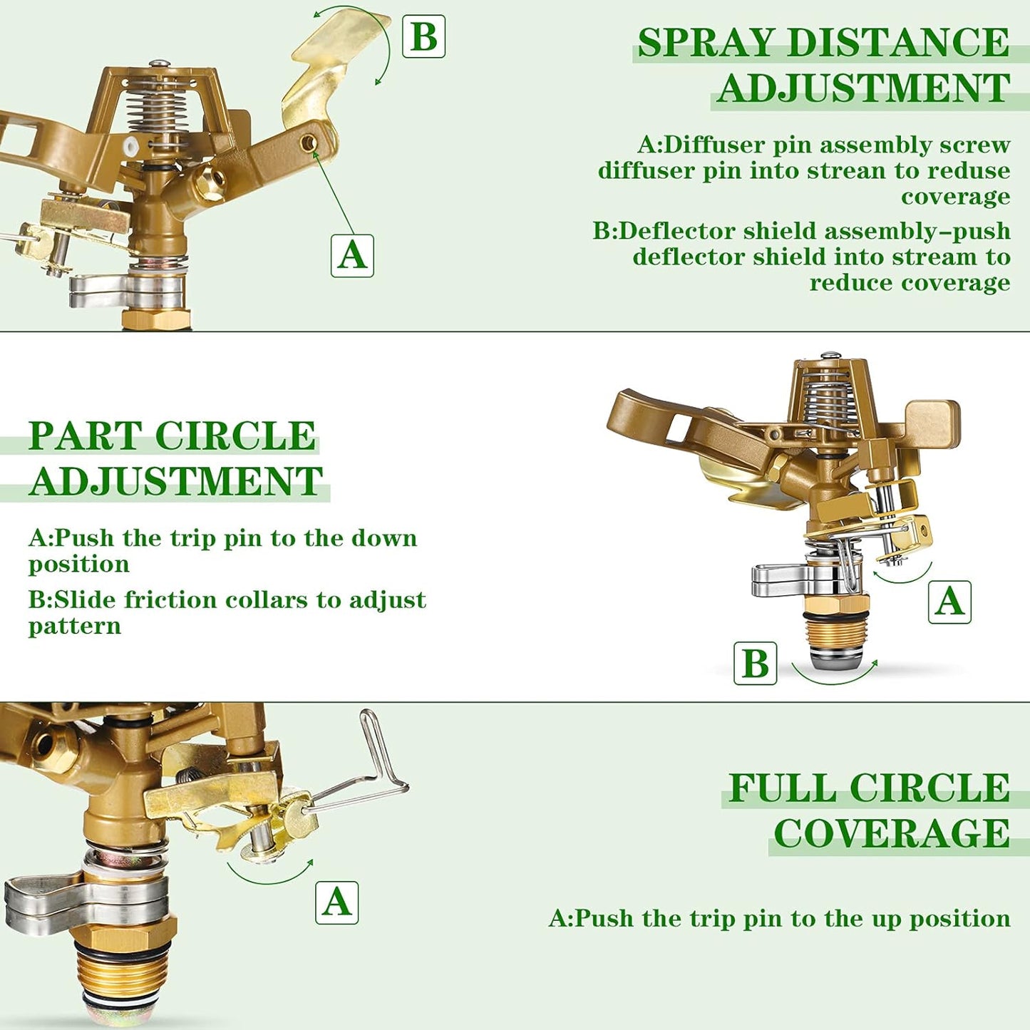 Ferraycle 3 Pieces 1/2 Inch Brass Impact Sprinkler Head with Nozzles Heavy Duty Adjustable 0-360 Degrees Impulse Sprinkler Head Lawn Watering for Yard Irrigation