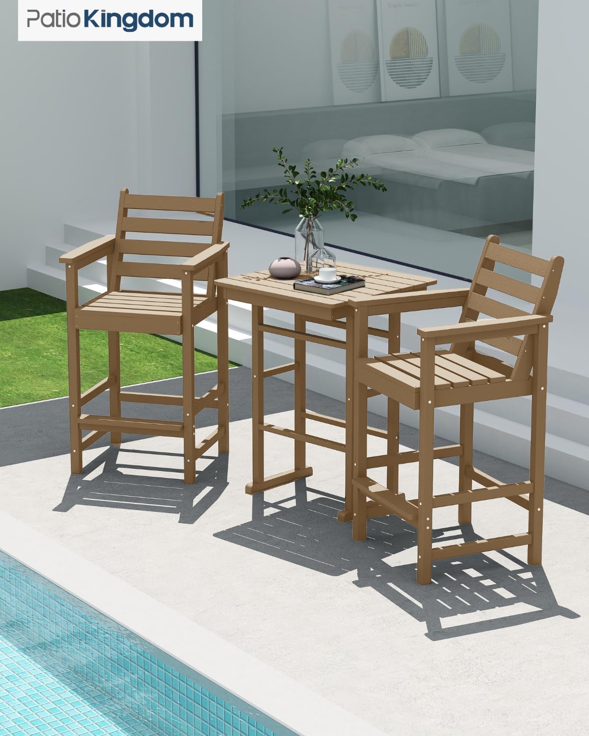 3-Piece Outdoor Bar Set with Beige 11FT Cantilever Umbrella, HDPE Tall Balcony Adirondack Chairs and Table, Outdoor Bar Stools for Patio (Brown)