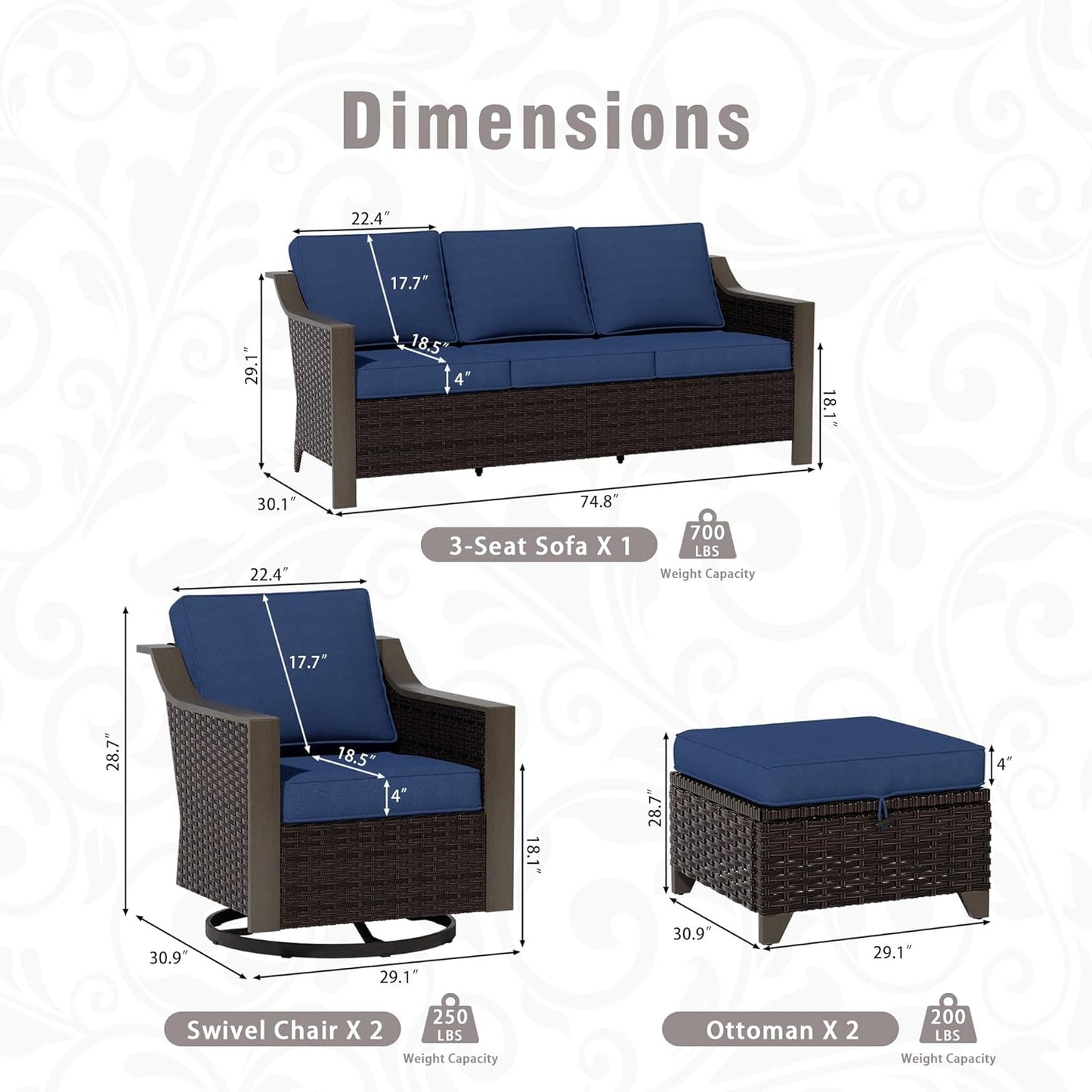 5 Piece Wicker Patio Conversation Set, All-Weather Use Outdoor 2 PE Rattan Swivel Chair, 2 Ottoman, 1 Patio Sofa, Removable Water-Resistant Cushion, Ideal for Porch, Backyard, Balcony, Poolside, Blue