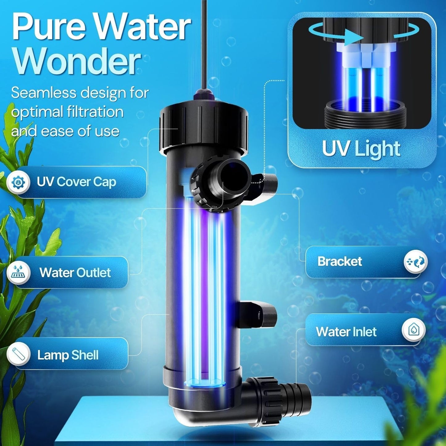 Flexzion Pond UV Lights for Outdoor Ponds - 9W Small Light, 2113-Gal Capacity, 1500L/H UV Pond Clarifier for Outdoor Ponds, Clears Water in Days (CUV-109A)