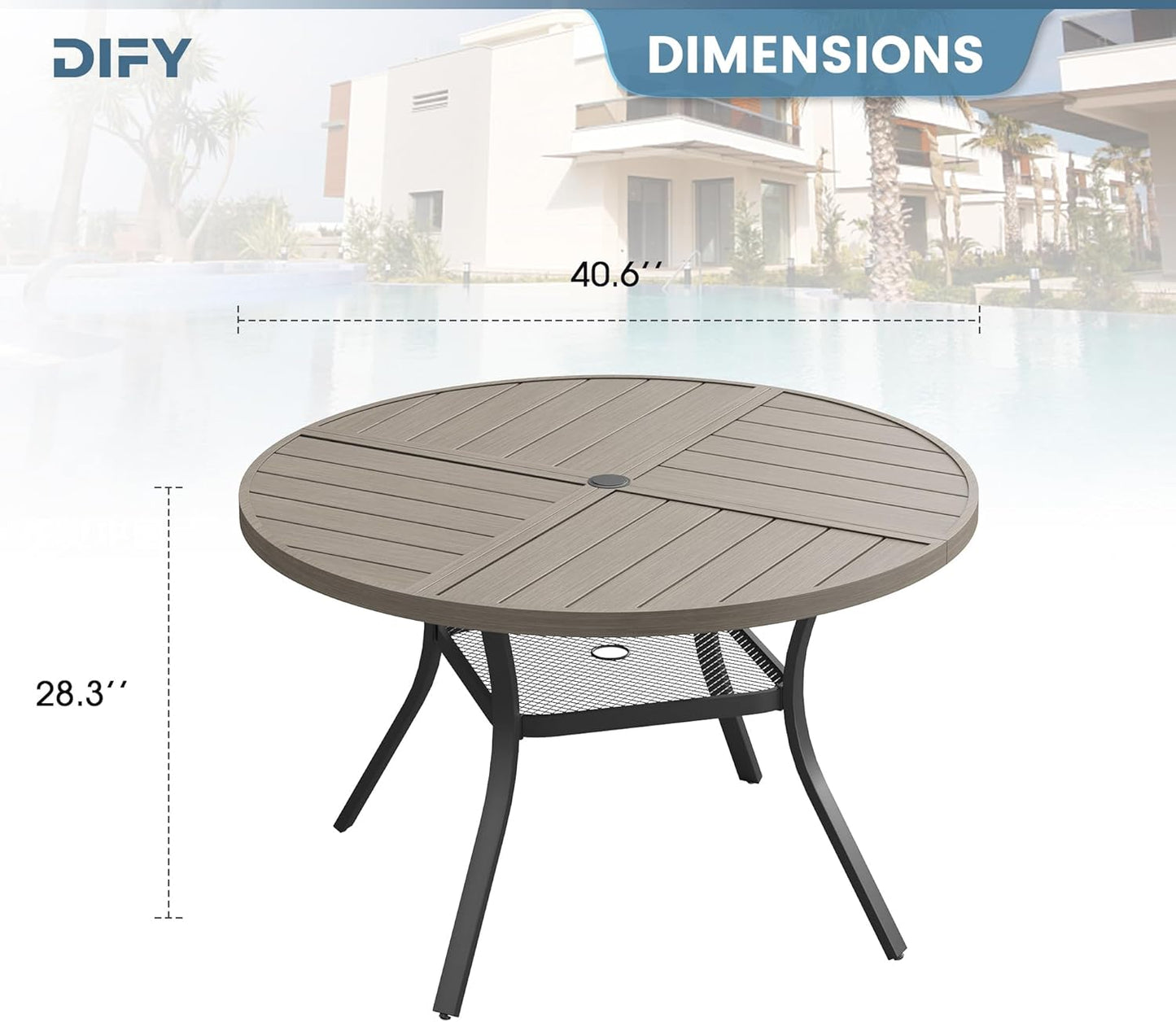 DIFY 40.6" Round Outdoor Patio Dining Table for 4, All-Weather Metal Steel Slatted Patio Table with 1.57" Adjustable Umbrella Hole, for Lawn Garden Porch Backyard, Grey Wood-Like