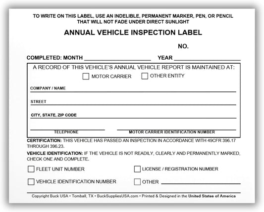 5 Pack Buck Annual Vehicle Inspection Label, 2-Ply Adhesive Vinyl with Mylar Laminate, FMCSA & DOT Compliant, Weatherproof, Tear Resistant, Easy to Write On, 5" x 4" - Made in USA