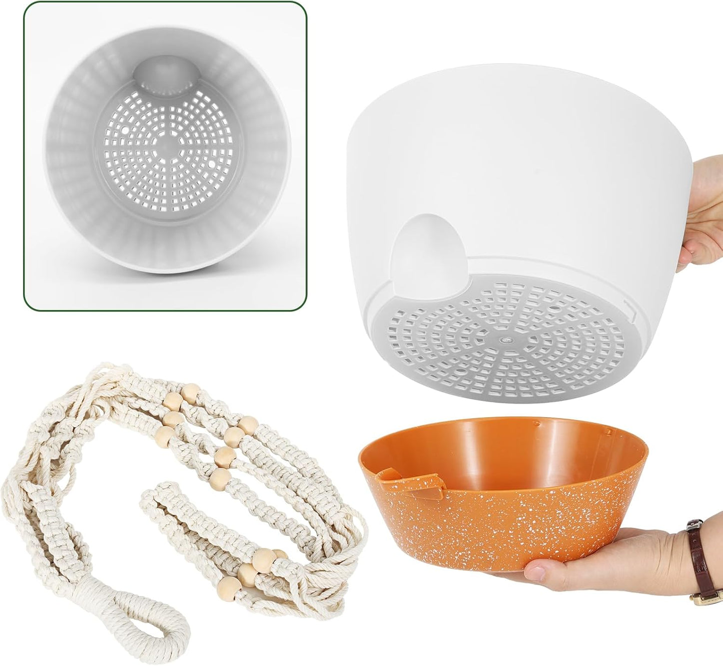 GARDIFE 10 Inch Hanging Planters with Macrame Plant Hanger for Indoor and Outdoor Plants, 2 Pack Large Self Watering Hanging Plant Pot with Basket Flower Pot with Drainage Hole, White