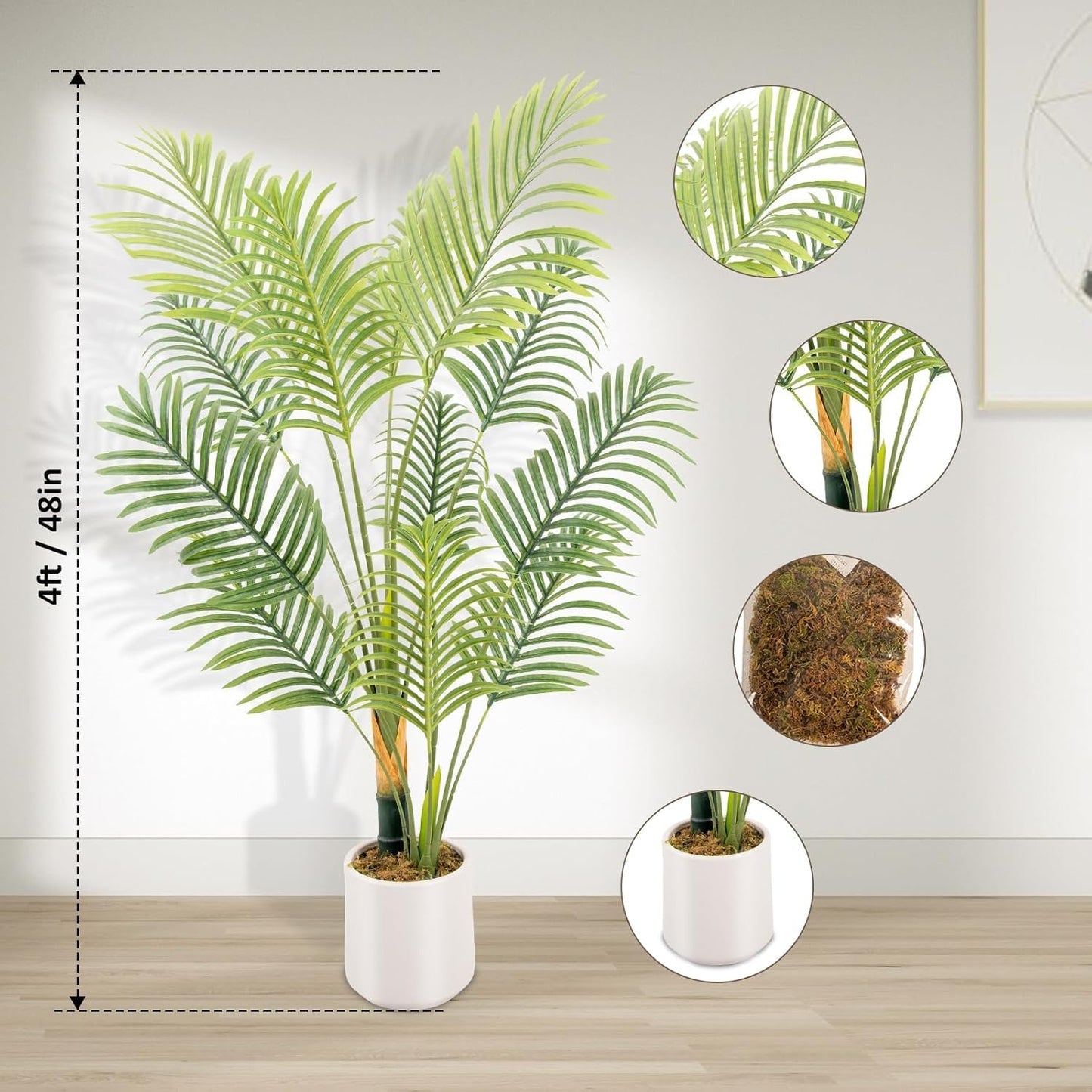 Artificial Fake Palm Tree 4FT 2Pack with White Planter & Free Moss, UV Resistant Artificial Palm Tree for Outdoors, Fake Plants for Poolside Home Room Decor, Faux Plants Outdoor Decor