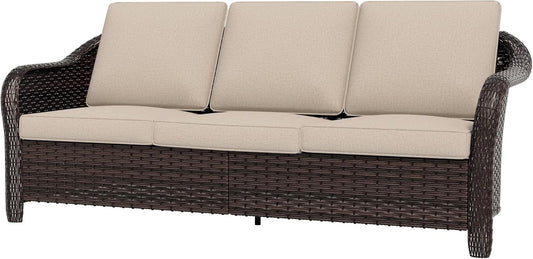 77 inch Outdoor Wicker 3 Seater Sofa, All-Weather Use Patio Rattan Sofa with Seat and Back Cushion, Ideal for Porch, Backyard, Balcony, Poolside, Beige