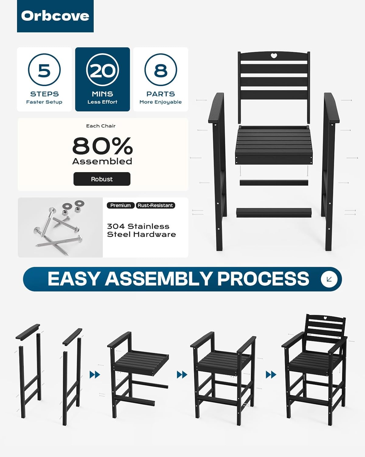 3-Piece Bar Height Outdoor Table and Chairs Set, HDPE Wood Grain Patio Bar Table and Chairs with Heart Cutout Design, Weather-Resistant Bar Height Furniture for Deck, Porch, Pool (Black)