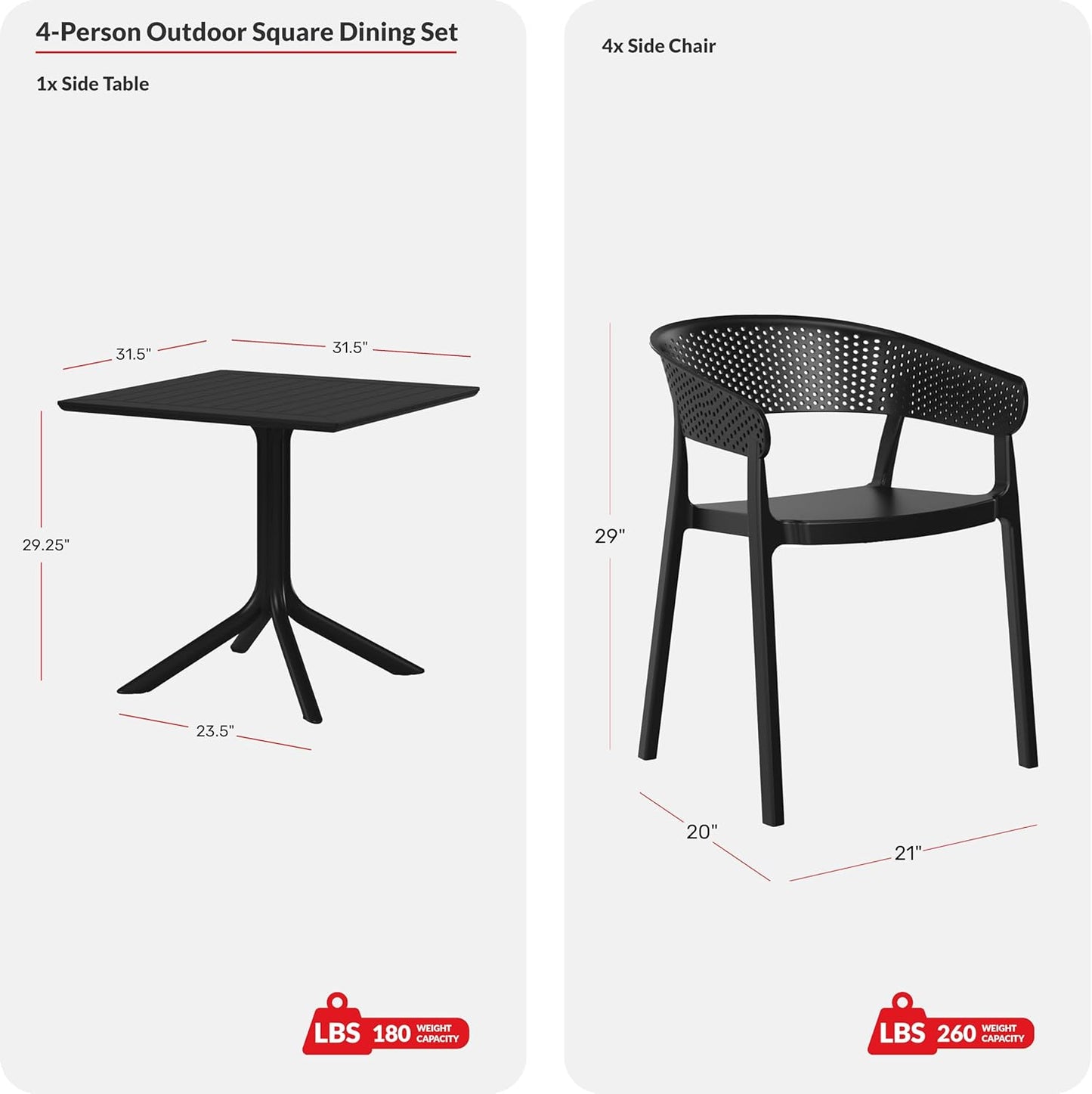 5-Piece Outdoor Dining Set, HDPE Patio Square Bistro Table and Stackable Chairs Sets for 4, Outdoor Furniture All Weather for Backyard Poolside, Red