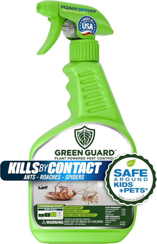 Green Guard Pest Control Spray - Indoor & Outdoor Killer of Ants, Roaches, Spiders & Other Crawling Insects, Safe Around Children & Pets, Plant-Based, Pleasant Scent (Lemongrass Blast, 32 oz)