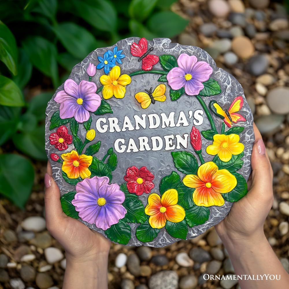 Elegant Resin Stepping Stone, Outdoor Garden Pathway Decoration (Grandma’s Garden Floral Stepping Stone, 9.5" Decorative Outdoor Decoration)