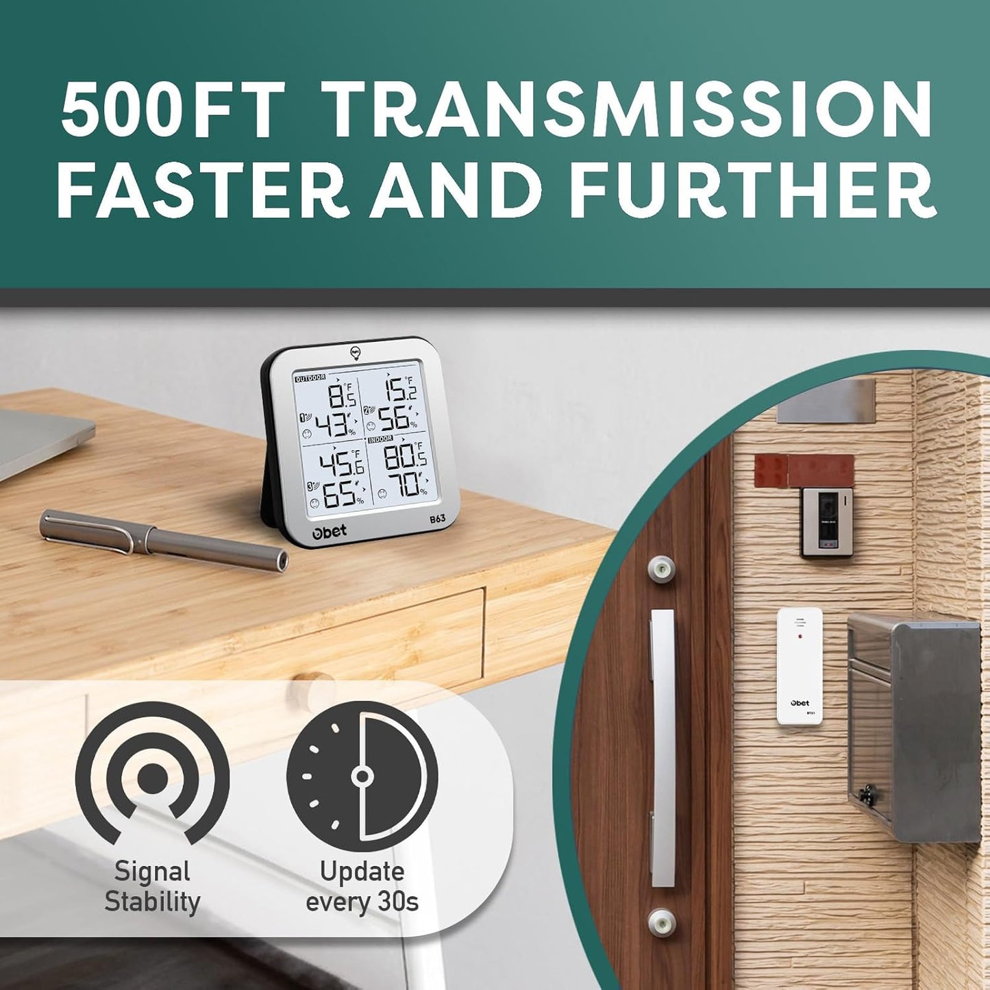 OBET Indoor Outdoor Thermometer Wireless with 3 Sensors Weather Station Temperature Humidity Monitor 500ft Range and Adjustable Backlight and Min Max Data Silver