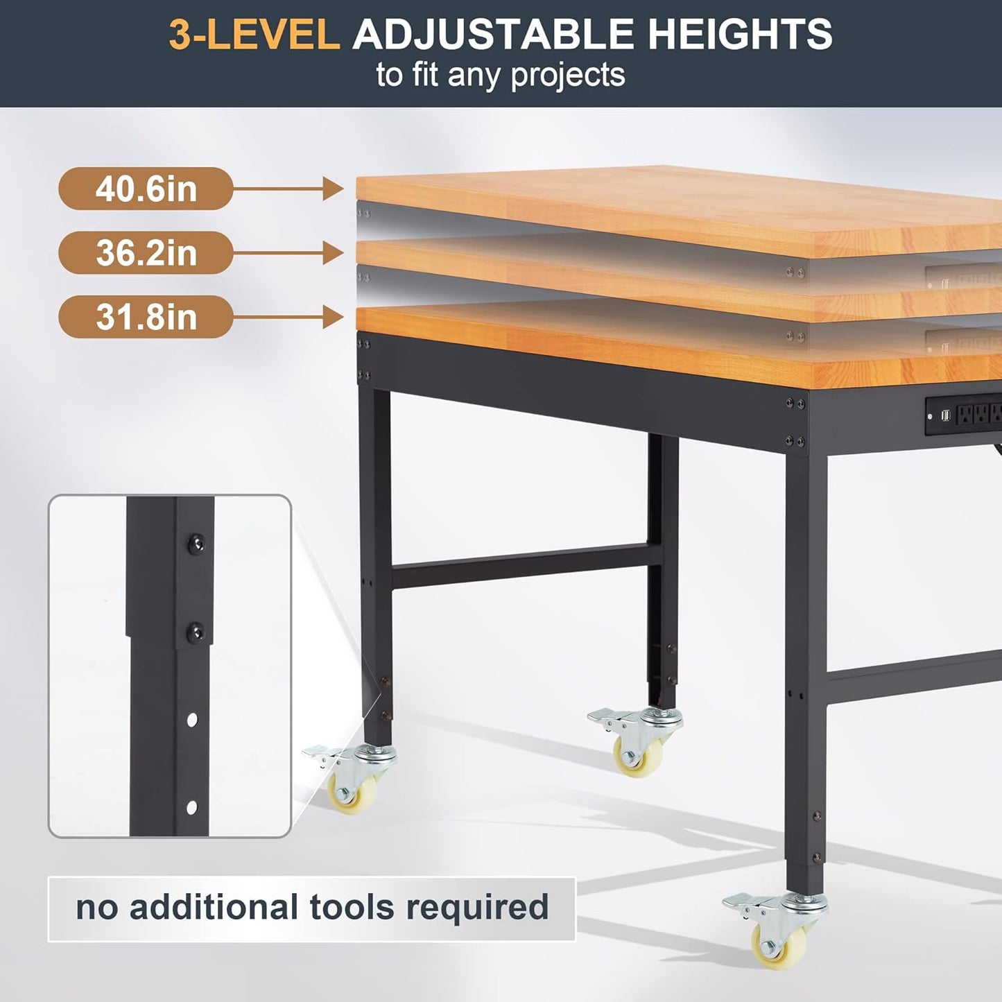 HABUTWAY Height Adjustable Workbench with Wheels 48" x 24" 2000 Lbs Capacity Solid Wood Work Station Heavy-Duty Rolling Work Tables for Garage Party Shop Office