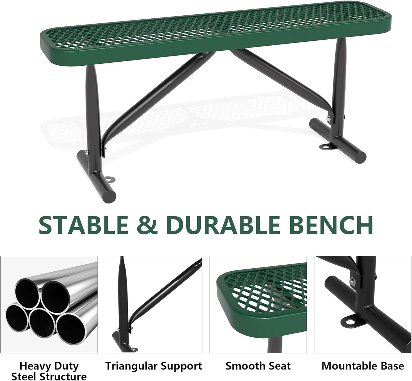 48" L Outdoor Steel Flat Bench, Heavy Duty Metal Park Bench for Outside, Expanded Metal, Commercial Benches Mesh Bench for Shopping Mall, Store, Lawn, Park, Patio, Deck, Garden (Green, 4FT)