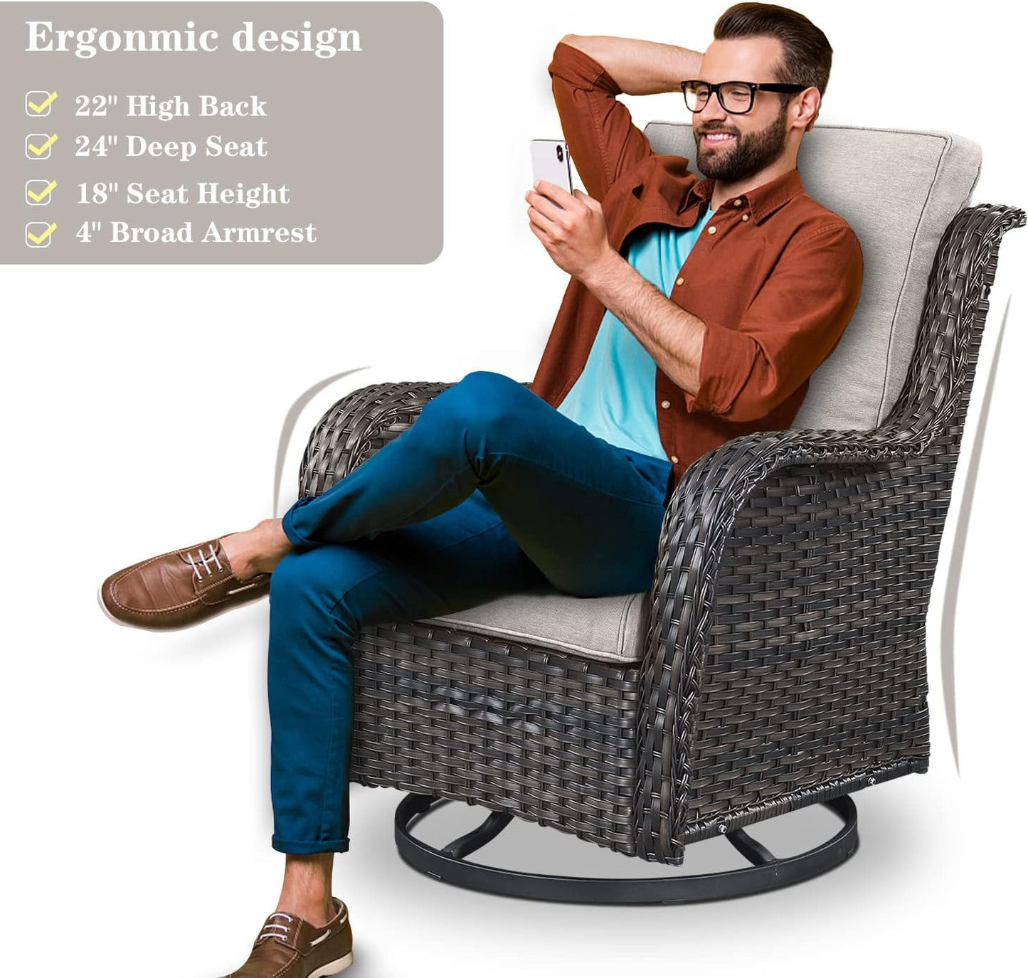 5 Pieces Patio Furniture Sets Wicker Outdoor Furniture, Rattan Patio Swivel Glider Chairs with 2 Ottoman and Glass Side Table