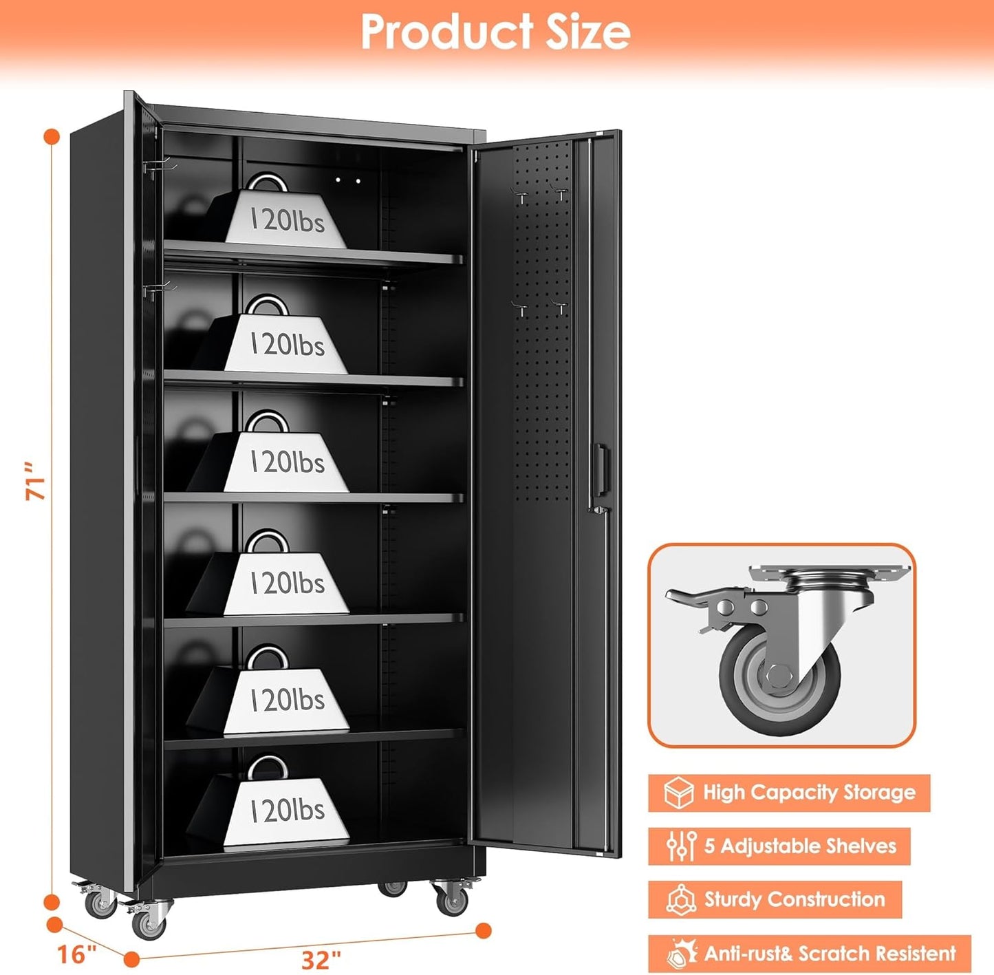 71" H×32" W×16" D Garage Storage Cabinet with Wheels, Locking Metal Storage Cabinet with 5 Adjustable Shelves, 4 Hooks and Pegboard for Garage, Home Office, Kitchen, Black, Assembly Required