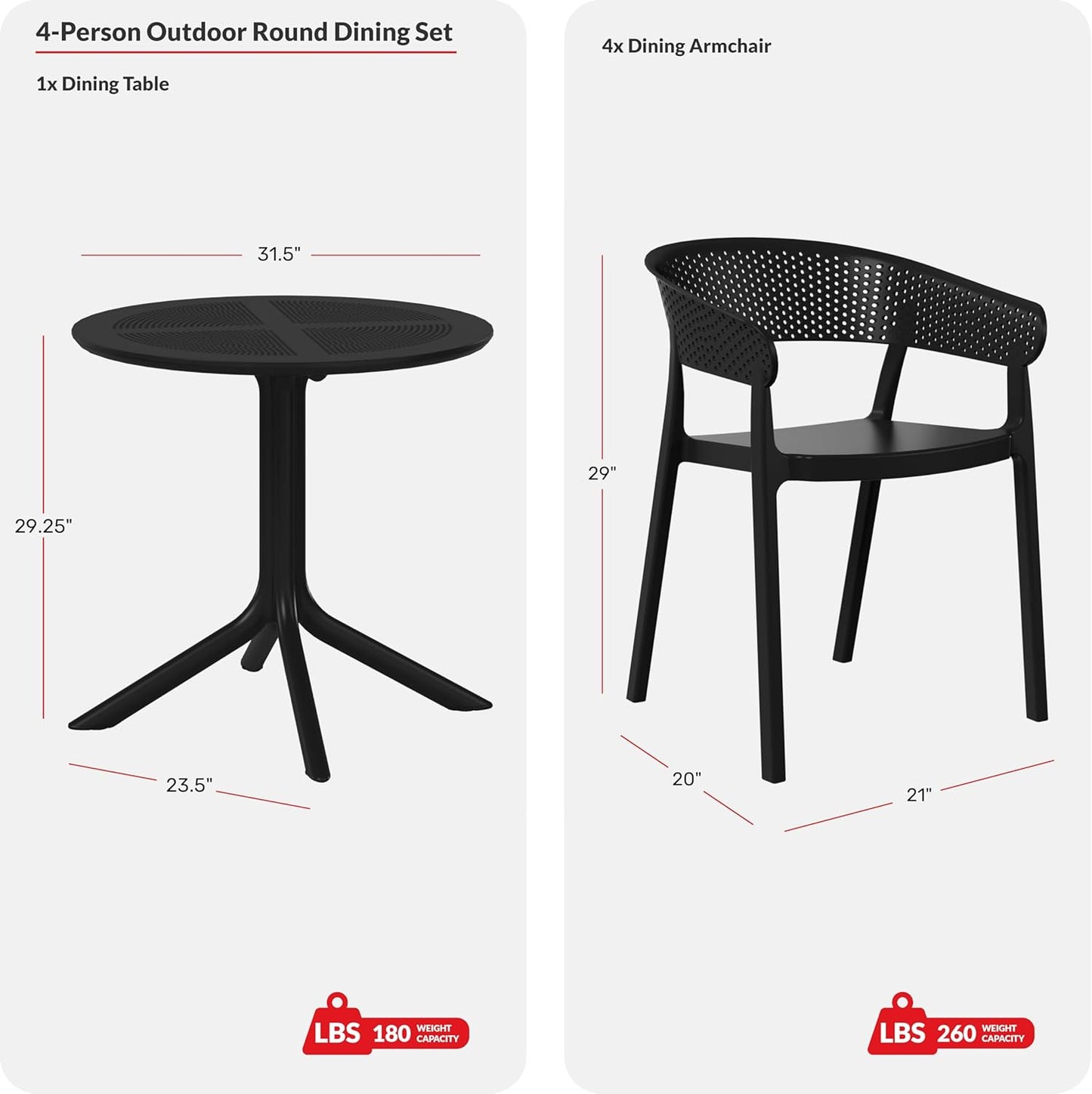 Dining Table Set for 4, HDPE Patio Round Dining Table and Stackable Chair, Kitchen & Dining Room Sets All Weather for Backyard Porch Poolside, White