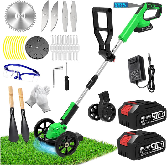 Electric Weed Wacker Eater Cordless Battery Powered, Weed Trimmer 21V Lightweight No-String with 2 Battery Operated & Wheels, 3 in 1 Stringless Grass Trimmer/Edger/Brush Cutter for Garden Yard Lawn